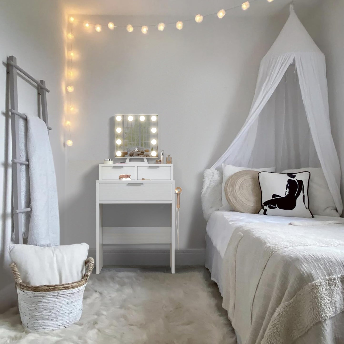 BOLUO White Makeup Vanity Desk with Hollywood Mirror and Lights, Girls Compact Make Up Table with Drawers and Outlet for Bedroom Small Space