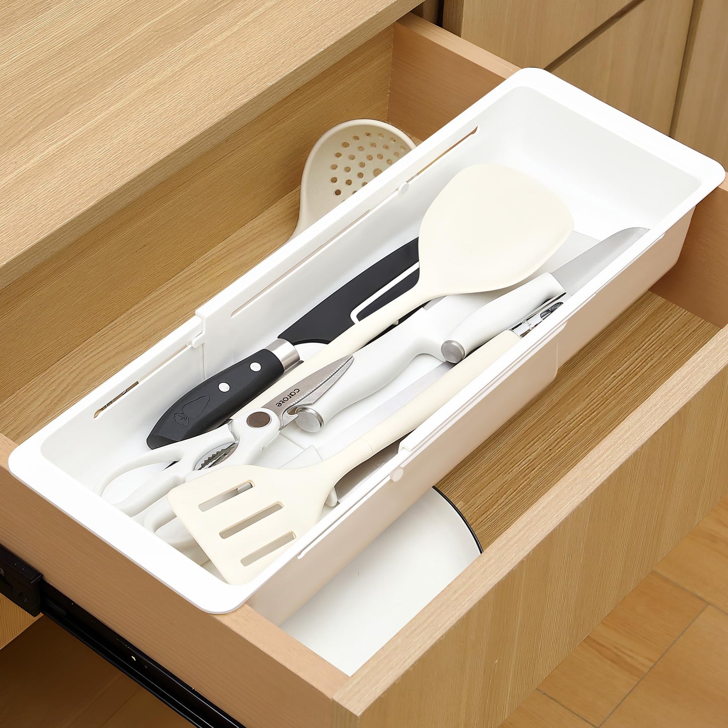 Gulfmew 2 Pack Deep Drawer Organizer Bins, Sliding Drawer Organizer Bin Expandable and Adjustable Tray for Kitchen Utensils, BBQ Tools, Towels, Durable Plastic Sliding for Easy Storage(17.4-27.6")