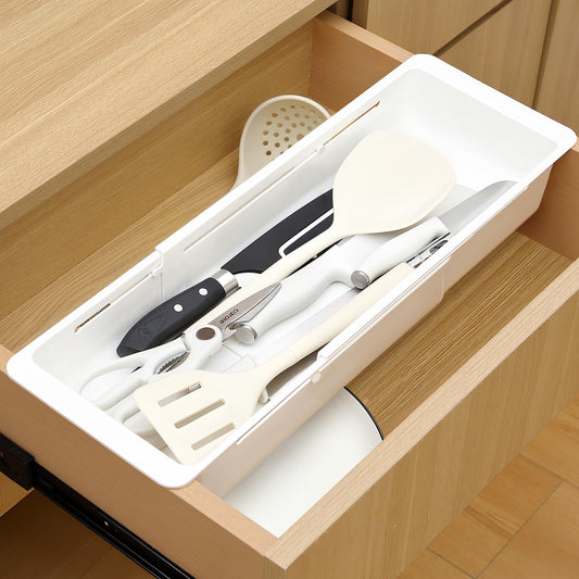 Gulfmew 2 Pack Deep Drawer Organizer Bins, Sliding Drawer Organizer Bin Expandable and Adjustable Tray for Kitchen Utensils, BBQ Tools, Towels, Durable Plastic Sliding for Easy Storage(17.4-27.6")