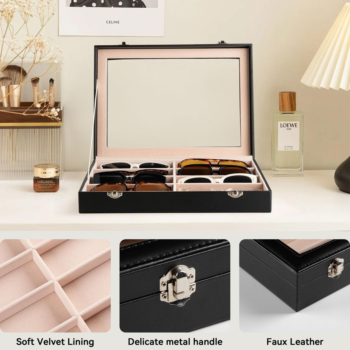Frebeauty Sunglass Organizer,PU Leather Glasses Organizer,8-Slot Sunglasses Tray with Clear Lid,Men's/Women's Sunglasses Box,Sunglass Case,13.3x9.6x2.4 Inches,Eyeglass/Eyewear Display Tray(Black)