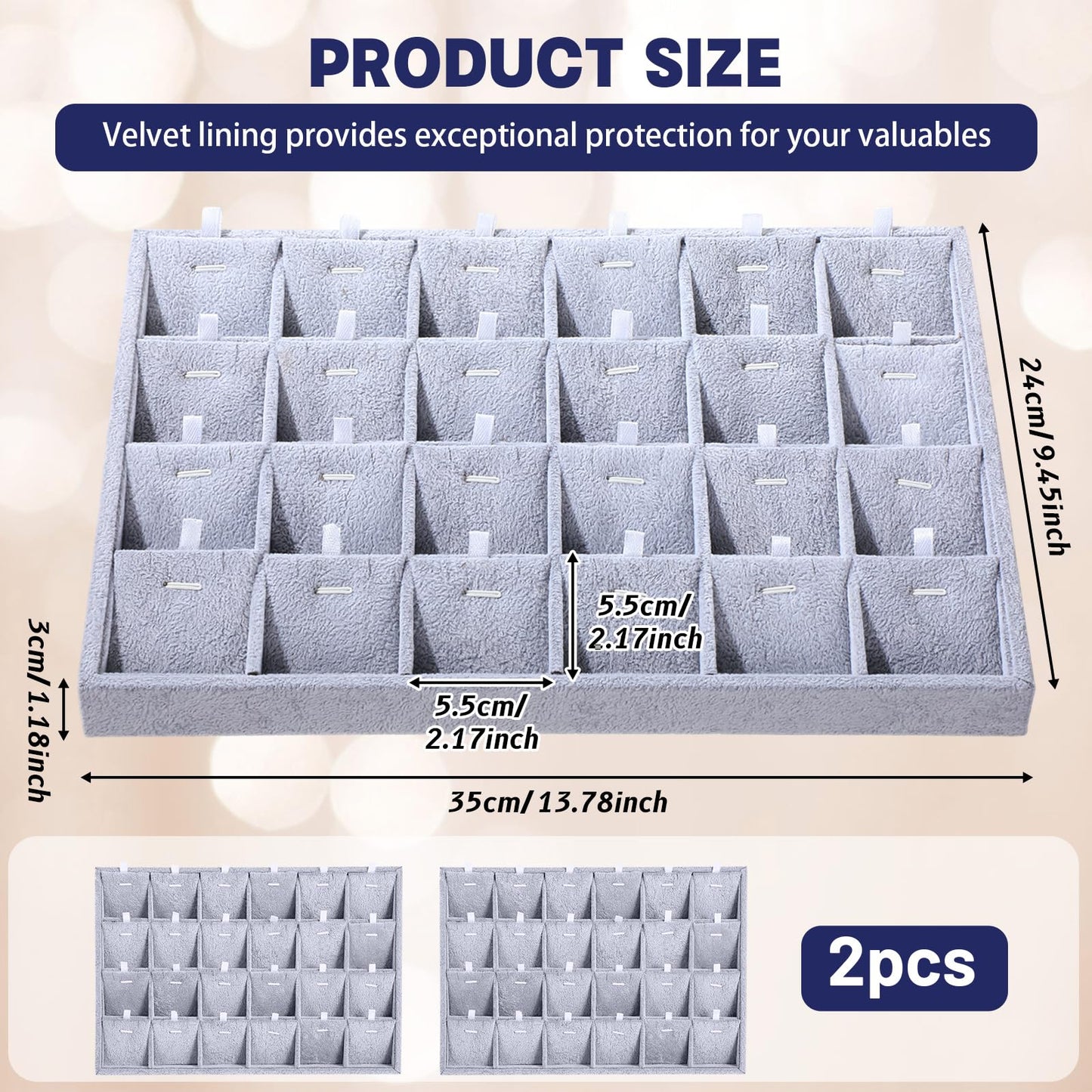Hinly 2 Pcs 24 Grid Stackable Jewelry Organizer Tray with Removable Dividers Ice Velvet Jewelry Display Showcase Tray for Necklace Earring Ring Bracelet Holder (Gray Velvet)