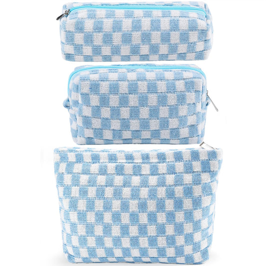 ZLFSRQ 3Pcs Checkered Makeup Bag for Women Large Small Checkered Cosmetic Bag Set Aesthetic Preppy Pencil Case Cute Pencil Pouch Blue Makeup Pouch for Purse Travel Toiletry Bags Zipper Skincare Bags