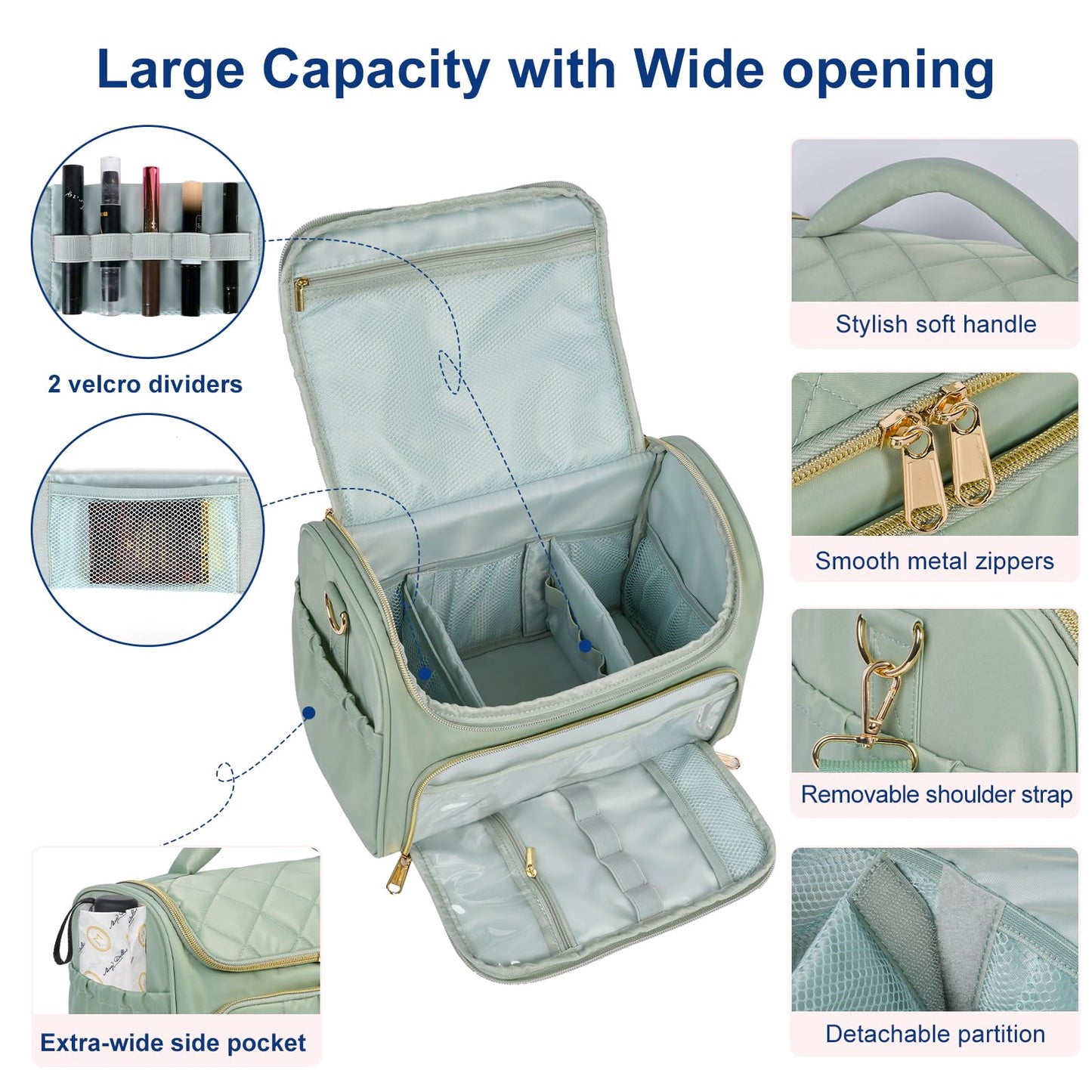 GR69N Travel Toiletry Bag Large Cosmetic Makeup Bag Organizer for Women,Wide-open Make Up Bag Waterproof Makeup Case Travel Bag with Handle and Dividers for Toiletries,Essentials,Accessories,Green