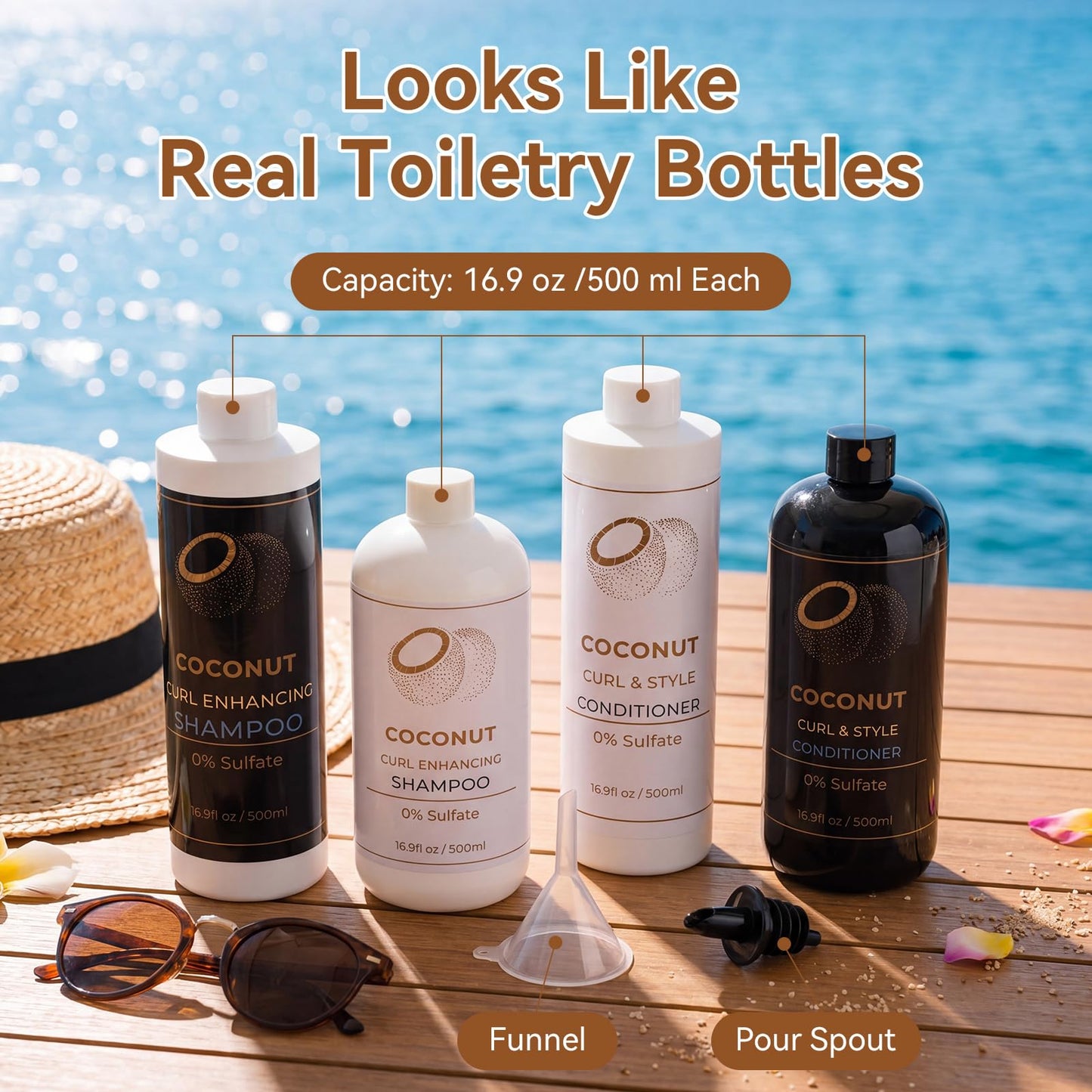 Havawish 4 Pcs Shampoo Shaped Travel Bottles for Cruise Trip, 16.9 oz Plastic Refillable Container Set, Includes Funnel, Pour Spout and Decor Stickers for Cruise Daily Essentials