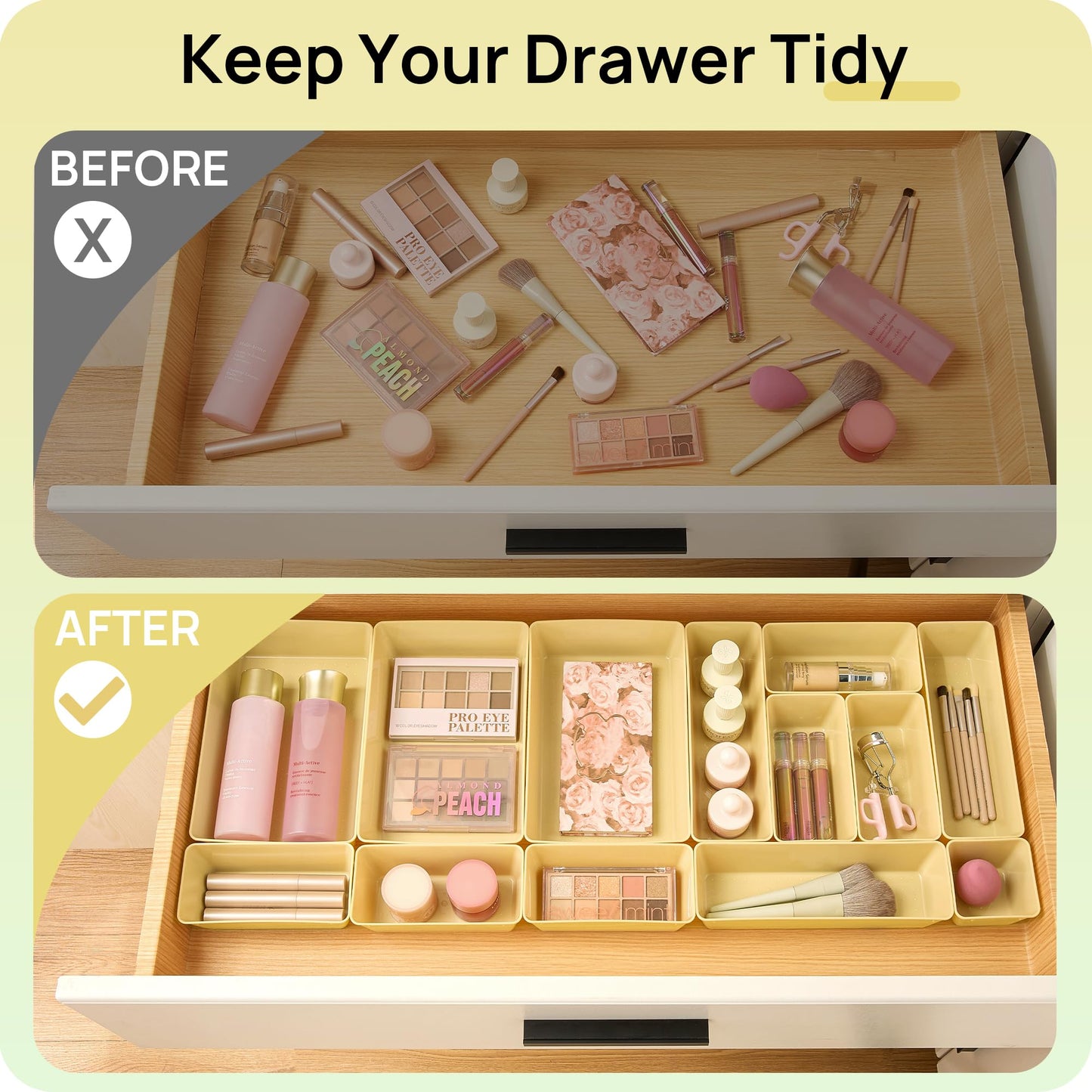Vtopmart 25 PCS Plastic Drawer Organizers Set, 4-Size Versatile Bathroom and Vanity Drawer Organizer Trays, Storage Bins for Makeup, Bedroom, Kitchen Gadgets Utensils and Office