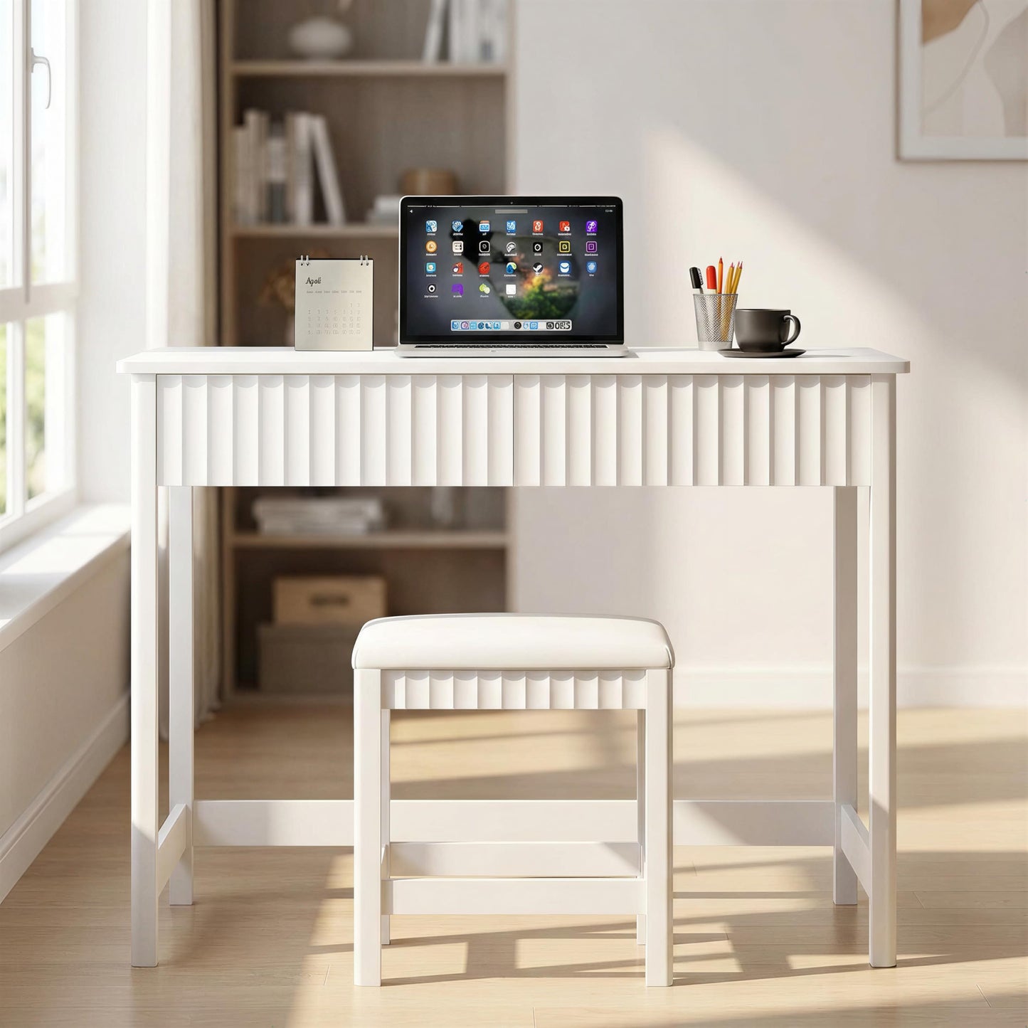 ChooChoo 40 Inch Modern Desk with Drawers, Makeup Vanity Desk with Padded Stool, Small Home Office Desk for Bedroom, White
