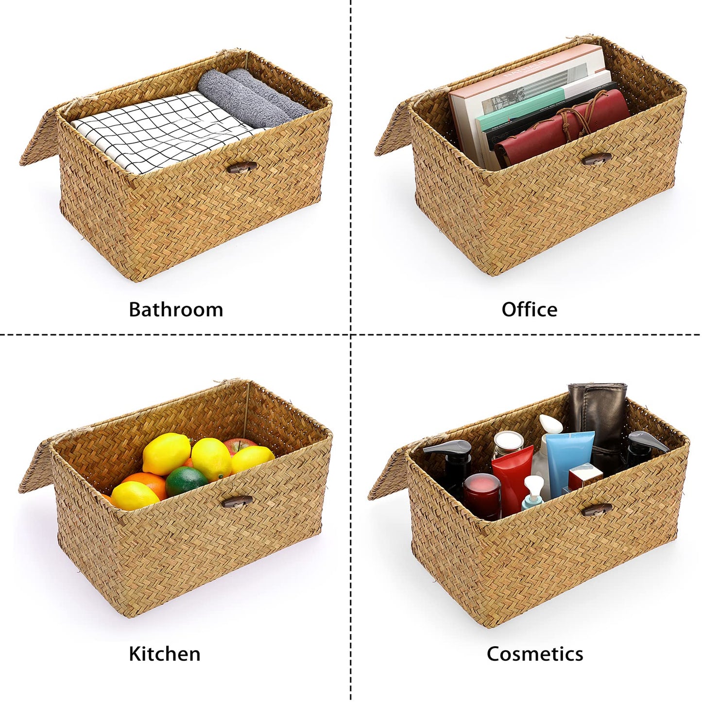 Hipiwe Wicker Shelf Baskets Bin with Lid, Handwoven Seagrass Basket Storage Bins Rectangular Household Basket Boxes for Shelf Wardrobe Home Organizer, Caramel Medium