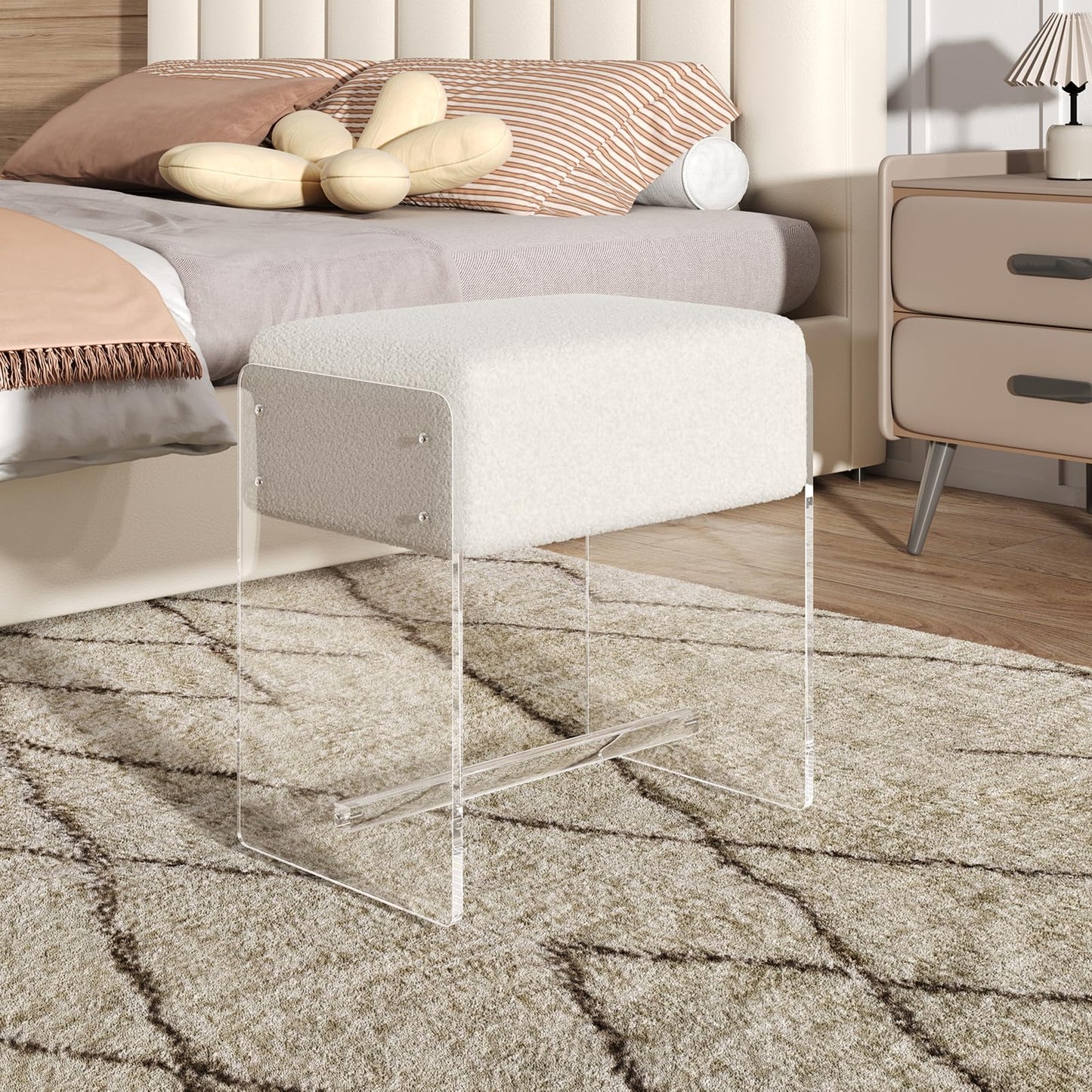 XOHYW Vanity Stool Chair, Soft Ottoman with Clear Acrylic Legs, Modern Padded Seat Footstool for Entryway, Hallways, Bedrooms and Living Room (White)