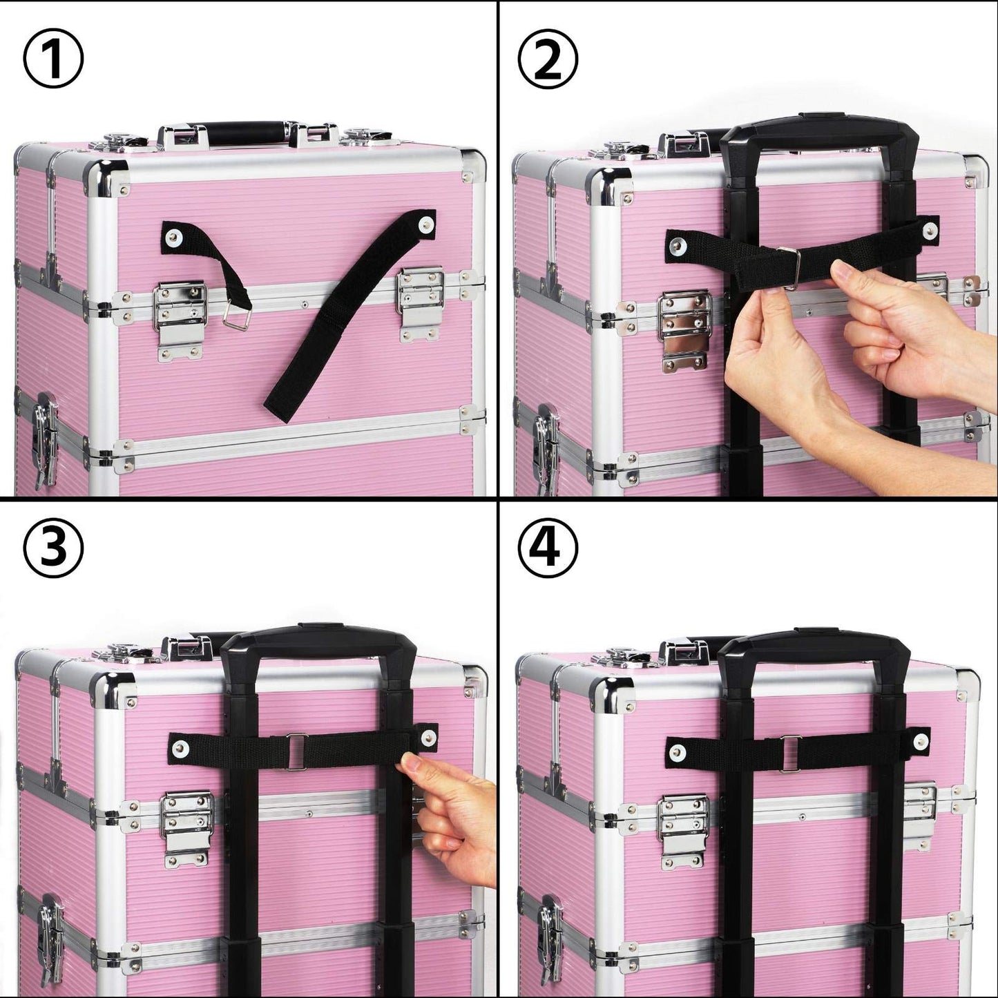 Topeakmart 4 in 1 Professional Makeup Rolling Case, Large Aluminum Cosmetic Train Case, Makeup Tavel Case Travel Beauty Organizer - Pink - with Removeable Wheels
