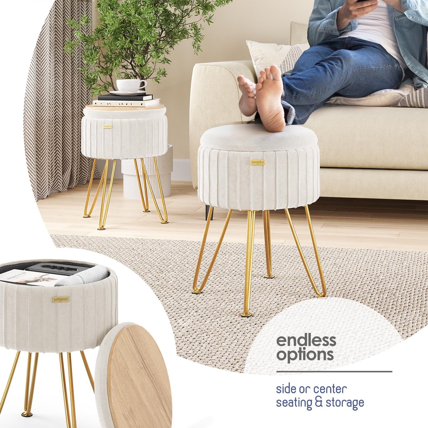 STORAGEBUD Round Ottoman with Storage, Pleated Velvet Storage Ottoman, Foot Stool Ottomans, Makeup Vanity Stool, Small Ottomans Foot Rest, Modern Vanity Stools for Living Room and Bedroom, Cream