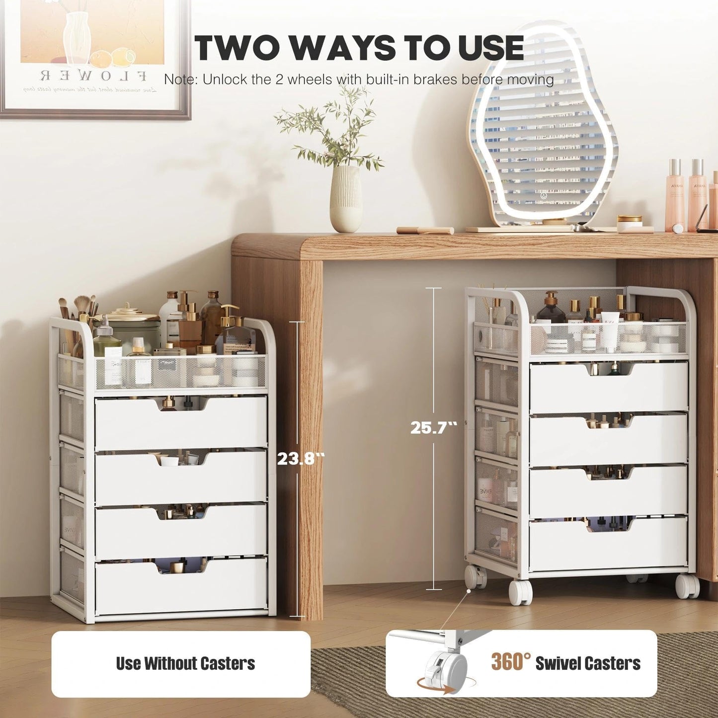 SEFILENCE Makeup Organizer Cart with 4 Drawers, Vanity Storage Drawer Carts with Dividers, Nail Cart Organizer Cosmetic Display Cases Cabinet for Skin Care, Nail Polish, Perfume, White