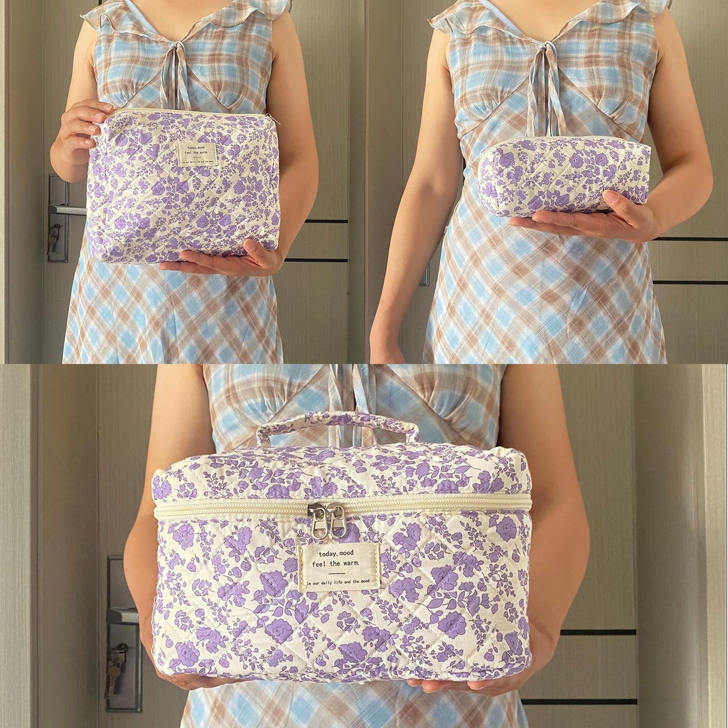 WYJ Purple Large Quilted Floral Makeup Bag Set of 3 Cute Coquette Aesthetic Cosmetic Bag Set Travel Toiletry Bag for Women