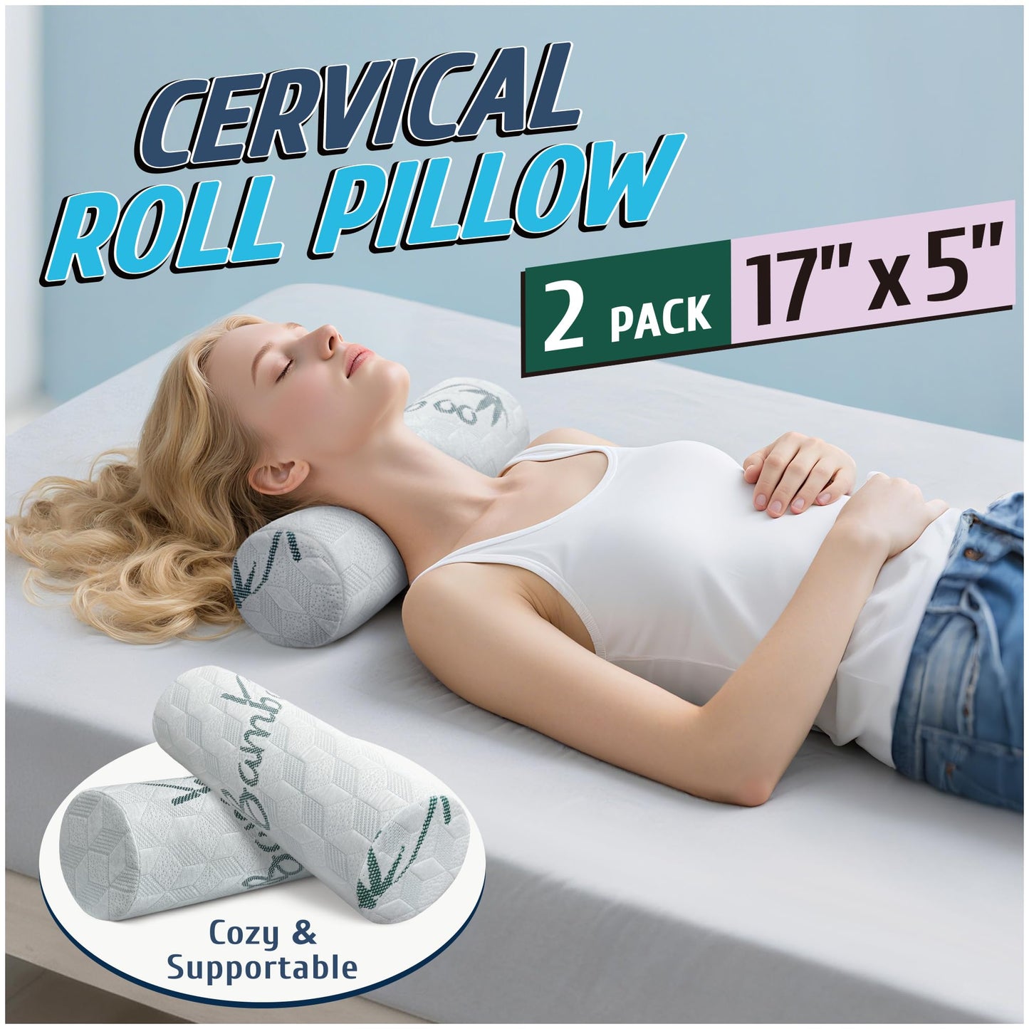 Cervical Roll Pillow, Cylinder Neck Pillow with Removable Washable Cover