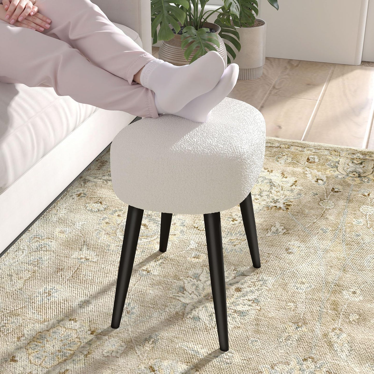 Permory Teddy Velvet Vanity Stool, Upholstered Makeup Chair with Sturdy Metal Legs, Soft Padded Ottoman Footrest, Modern Accent Stool for Bedroom, Living Room, Entryway (White, 17.7in H)