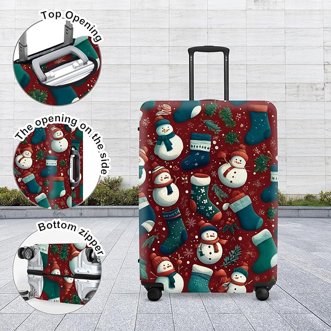 Christmas Luggage Cover - Allover Green Socks and White Snowmen Pattern on Dark Background, Stretchable Suitcase Protector for 28 30 Inch Travel Bags