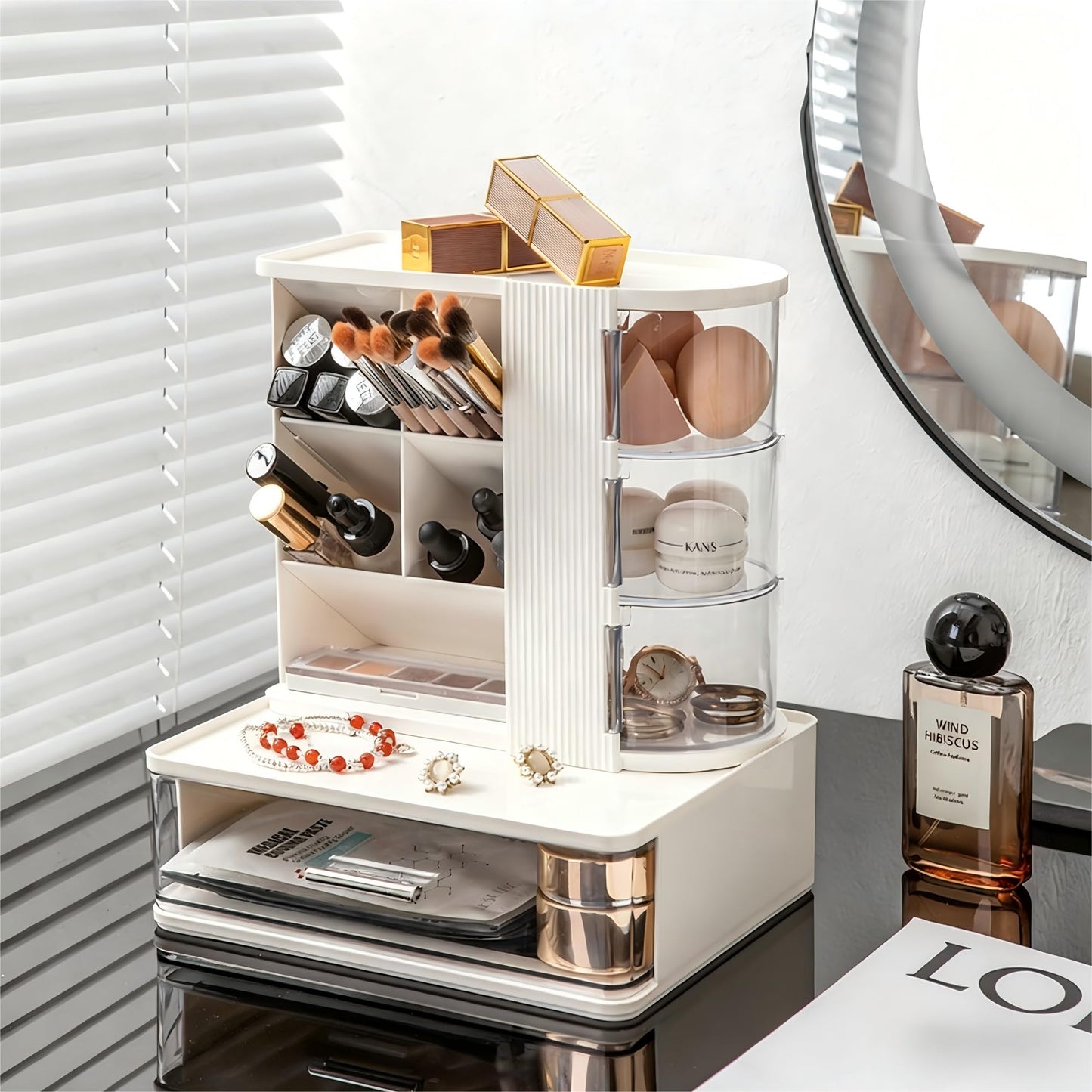 AevumTech Makeup Organizer with 3 Rotating & Dustproof Drawers, Large Capacity Cosmetic Storage Box with Makeup Brush Holder, Make up Organizers for Vanity, Dresser, Bathroom (White)