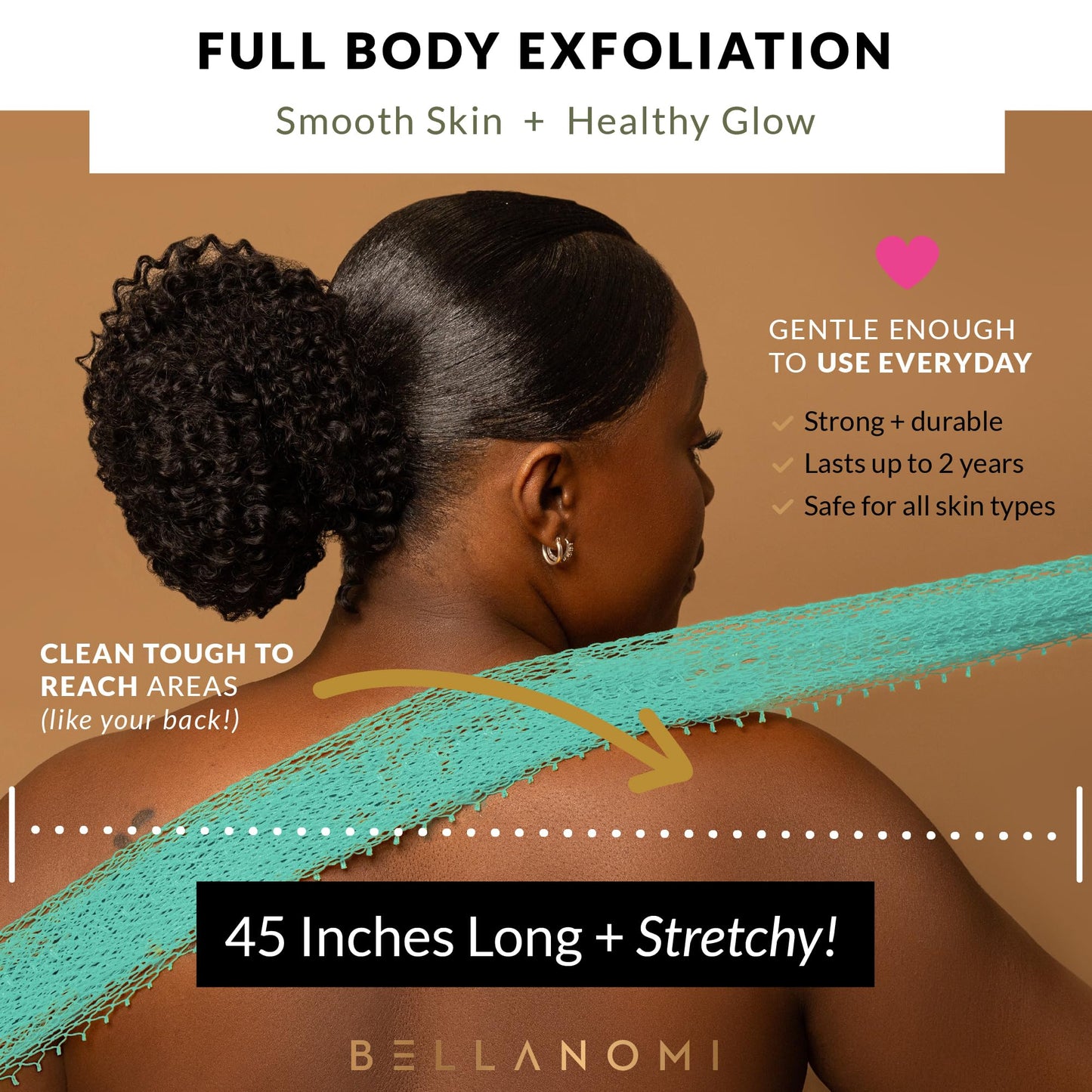 BELLANOMI 4 Piece African Exfoliating Net Sponge Long African Bath Sponge, Authentic Ethically Sourced from Nigeria, Great for Daily Use (Blue, White, Seafoam,Navy Blue)