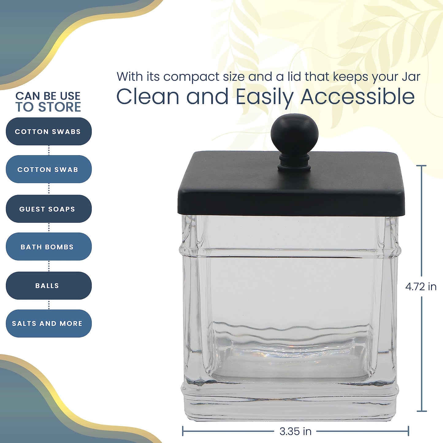 Indecor Home Clear Transparent Hotel Style Apothecary Tempered Glass Canister Jar W/ Matte Black Metal Lid Cover, Classic Countertop Organizer for Cotton balls/pads, Floss Picks, Makeup Storage