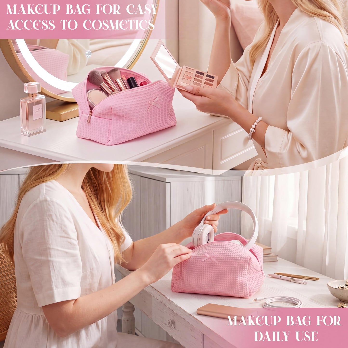 Gilprop 6 Pcs Makeup Bag Gifts for Women Cute Aesthetic Cozy Portable Travel Waffle Toiletry Bag Soft Wedding Cosmetic Organizer Summer Large Zipper Pouch with Zipper for Bridesmaid Friend(Pink)
