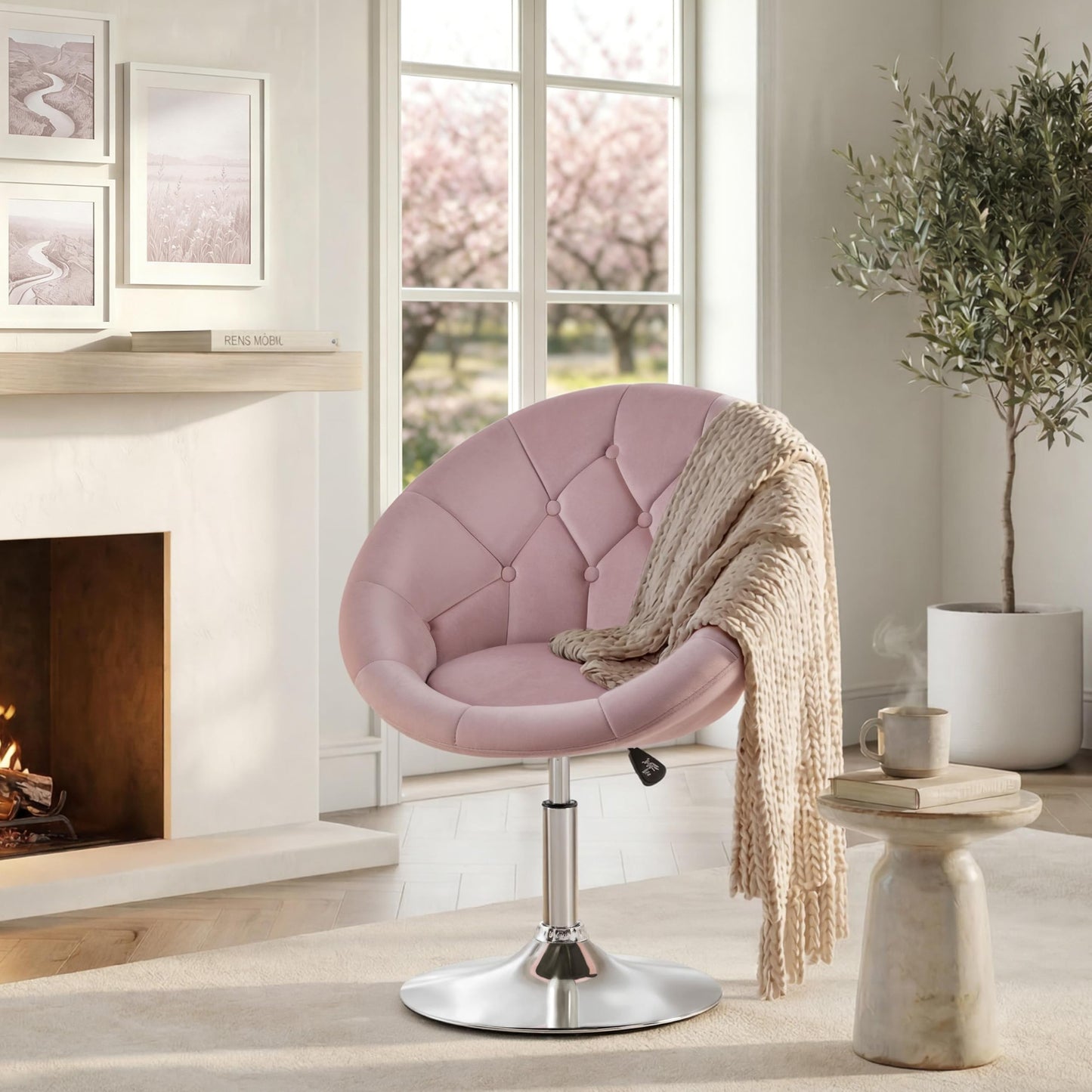Yaheetech Pink Velvet Vanity Chair with Back, 360° Swivel & Adjustable Height, Tufted Makeup Desk Chair for Bedroom, Dressing Table & Living Room