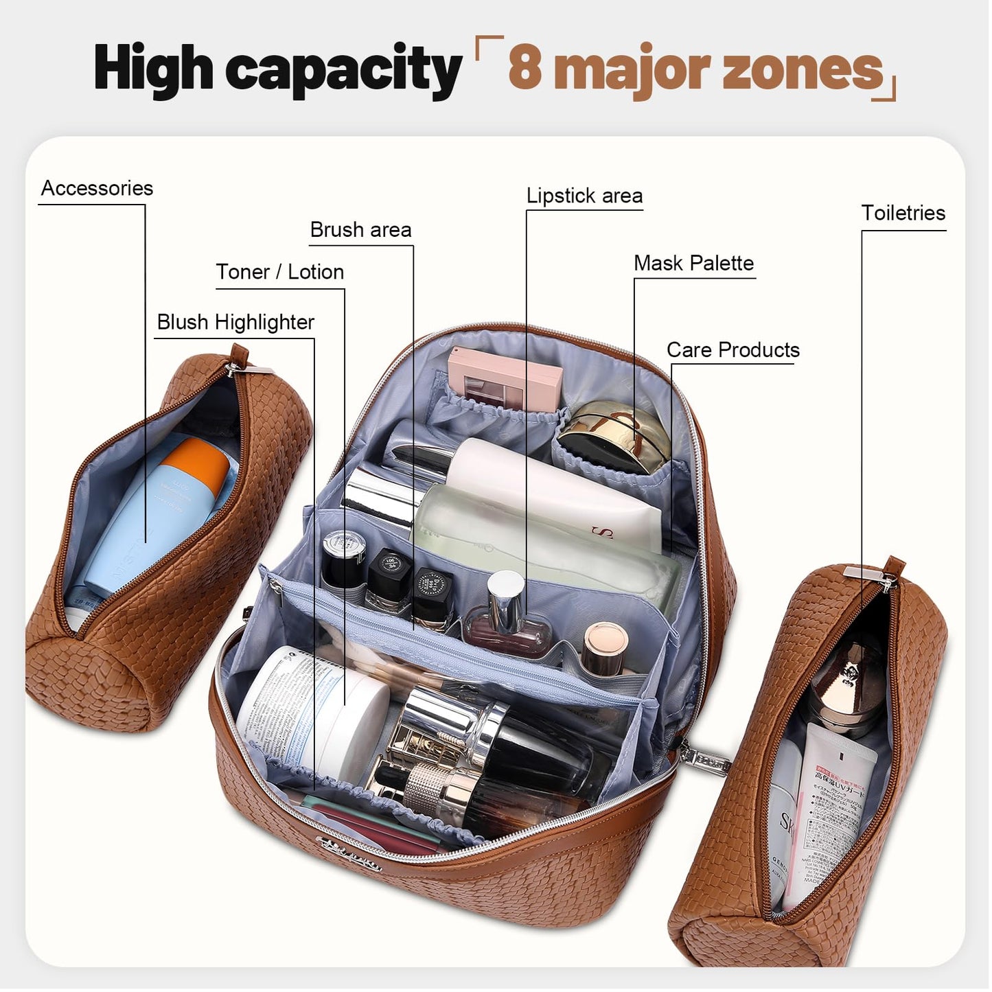 BOYATU Travel Makeup Bag Cosmetic Bags for Women: Large Capacity 3 Pcs Set Make up Bag with Compartments - Waterproof Vegan Leather Toiletry Organizer Bags with Handle (L53Brown)