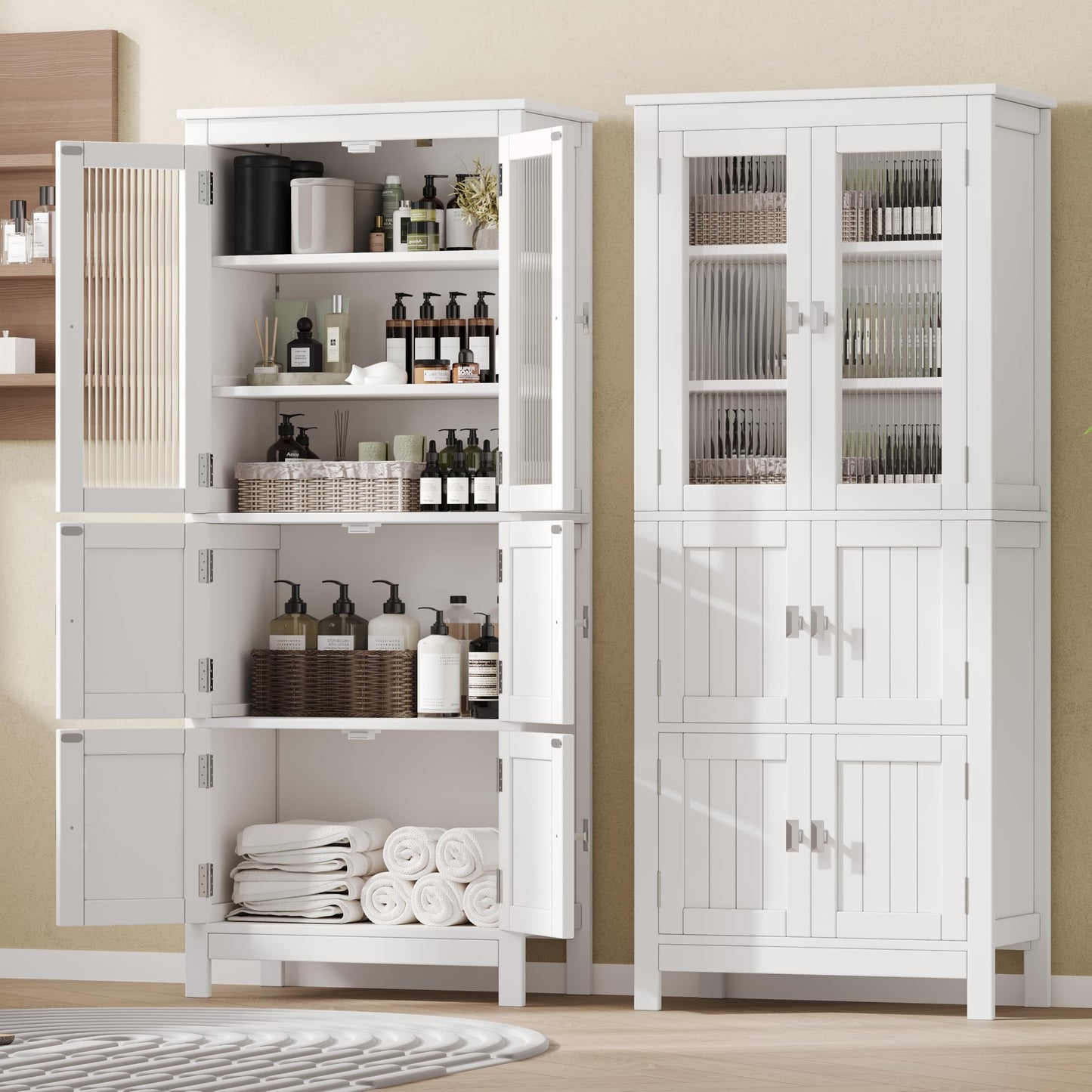 Akxomel 53.1" H Tall Bathroom Storage Cabinet, Bathroom Floor Cabinet with 6 Doors and Adjustable Shlef, Linen Cabinet, Pantry Cabinet for Living Room, Kitchen, Entryway, White