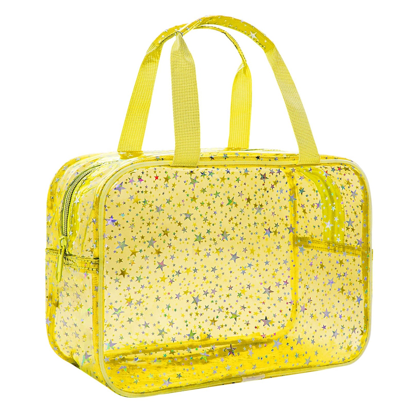 Junesters Clear Yellow Star Large Makeup Bag with Star Pattern 12x5x8 inch, Travel Cosmetic Bag with Handle, Durable PVC Material Washbag Zipper Opening Design for Makeup Travel Organizer or Gym Use