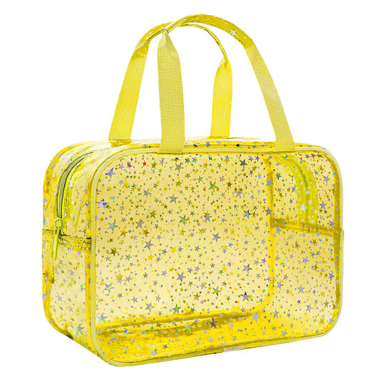 Junesters Clear Yellow Star Large Makeup Bag with Star Pattern 12x5x8 inch, Travel Cosmetic Bag with Handle, Durable PVC Material Washbag Zipper Opening Design for Makeup Travel Organizer or Gym Use