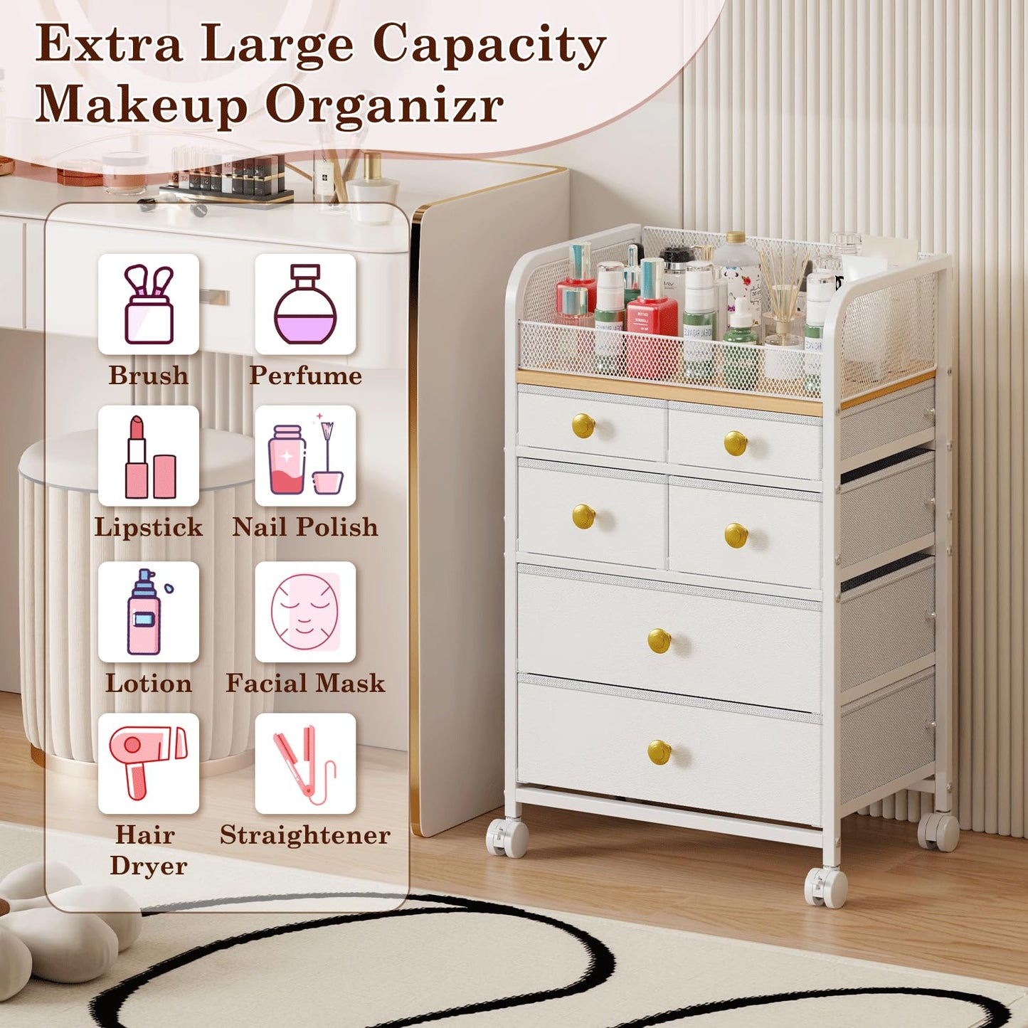 Uiithokyia Rolling Makeup Cart Organizer with 6 Drawers, Makeup Storage with Wheels, Floor Skincare Organizers Vanity Storage Organizer Cosmetics Display Cases for Skin Care Perfume Nail Polish, White