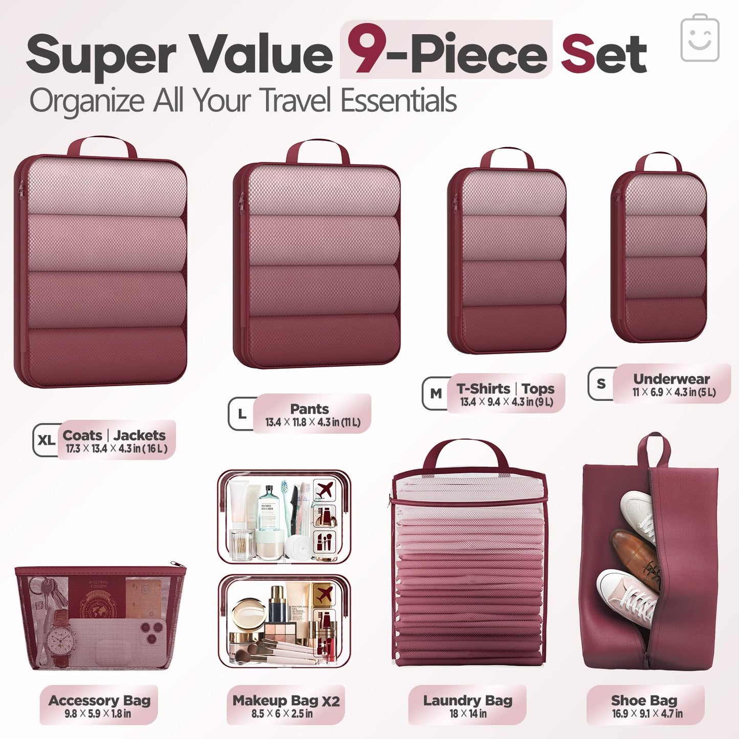 Veken 9/11 Set Compression Packing Cubes for Travel Essentials,Compressible Expandable Large Luggage Suitcase Organizer Bags for Clothing,Space Saver Bags with Over 1000 pcs of Mesh Holes(Wine Red)