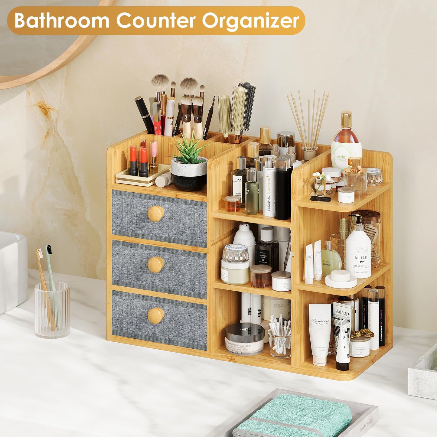 Large Makeup Organizer For Vanity, Large Capacity 3 Tiers Bamboo Bathroom Counter Organizers and Storage, Countertop Makeup Brush Holder, Nail Polish Perfume Stand with 3 Drawers and 10 Compartments