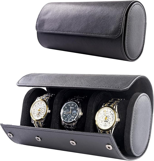 MR.OKAY 3 Watch Travel Case- Classic Leather Watch Case With Superb Texture.Portable Watch Roll Or Organizer For Storage And Display. Best Travel Gift for Men,All Handcrafted By Artisans.