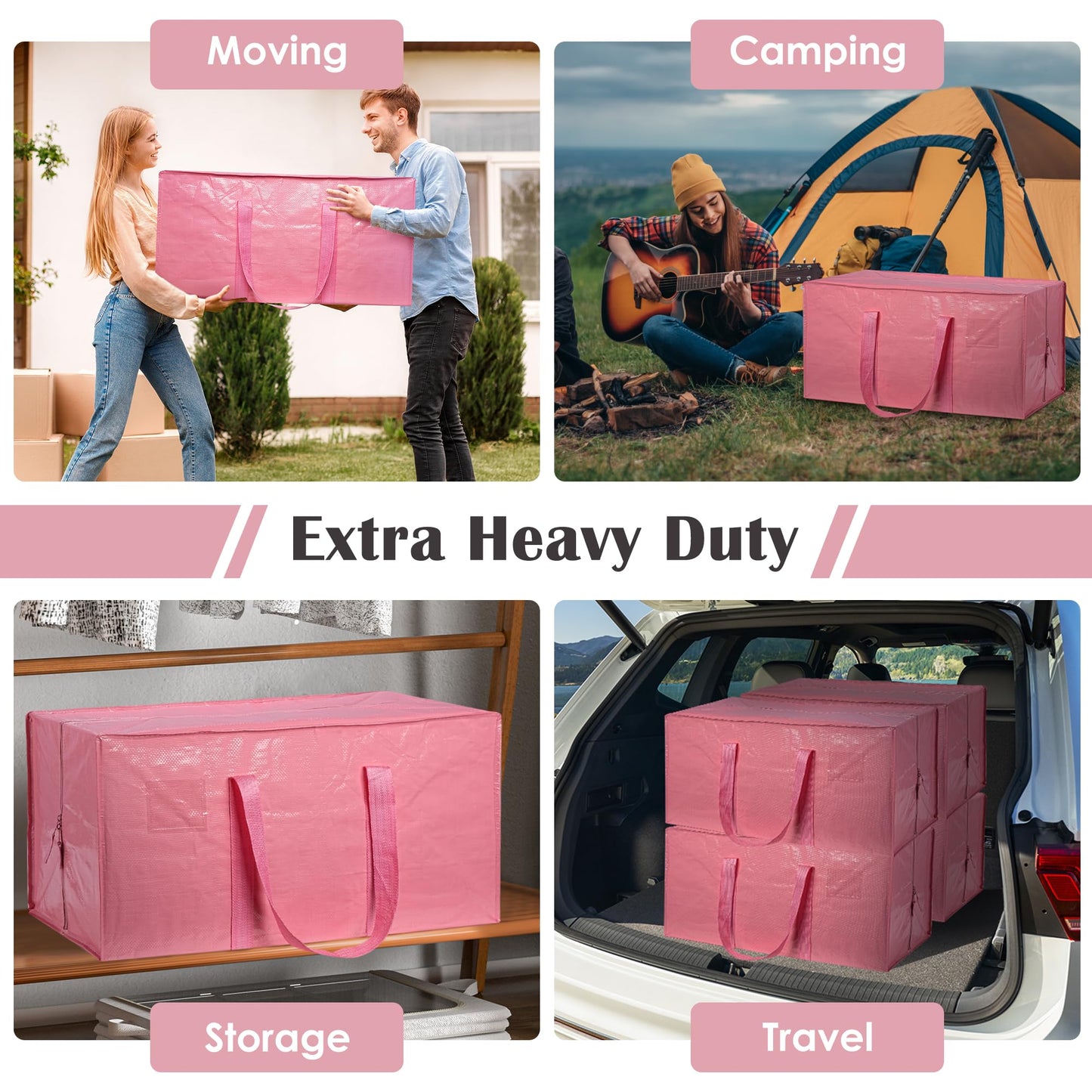 RMOHRO 6 Pack Moving Bags with Full-Open Side Zipper, Extra Large 93L Heavy Duty Waterproof Foldable Storage Totes for College Dorm, Moving & Home Organization Pink
