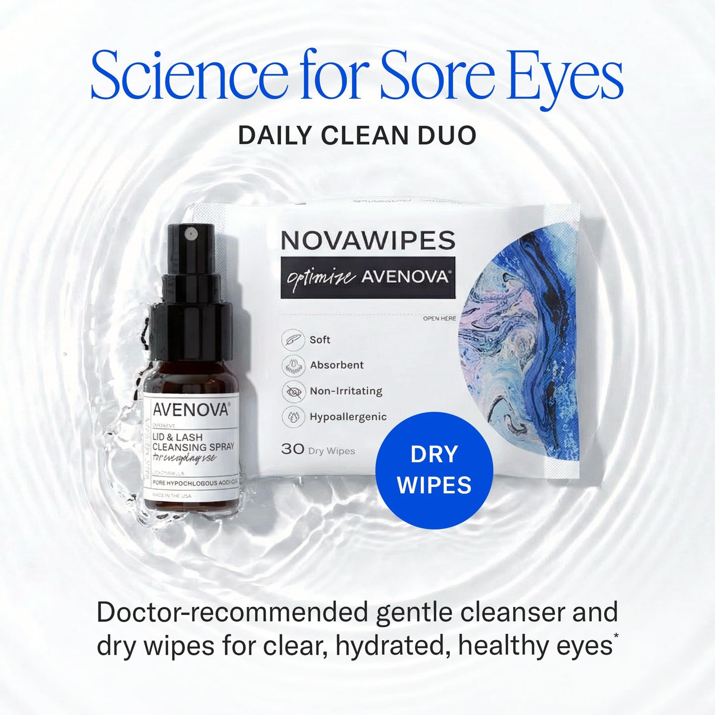 Avenova Eyelid and Eyelash Cleanser Spray with Dry Wipes - Daily Clean Duo with Gentle, Pure Hypochlorous Acid Spray and Eyelid Wipes for Eye Irritation - 20ml Glass Bottle, 30-Count Eye Wipes