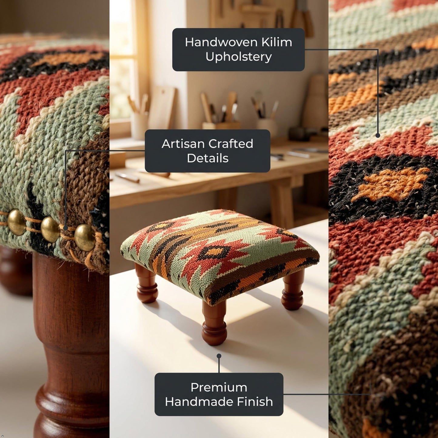 Sanwariya Rugs Kilim Upholstered Ottoman Foot Bench Acacia Wood Tribal Pattern