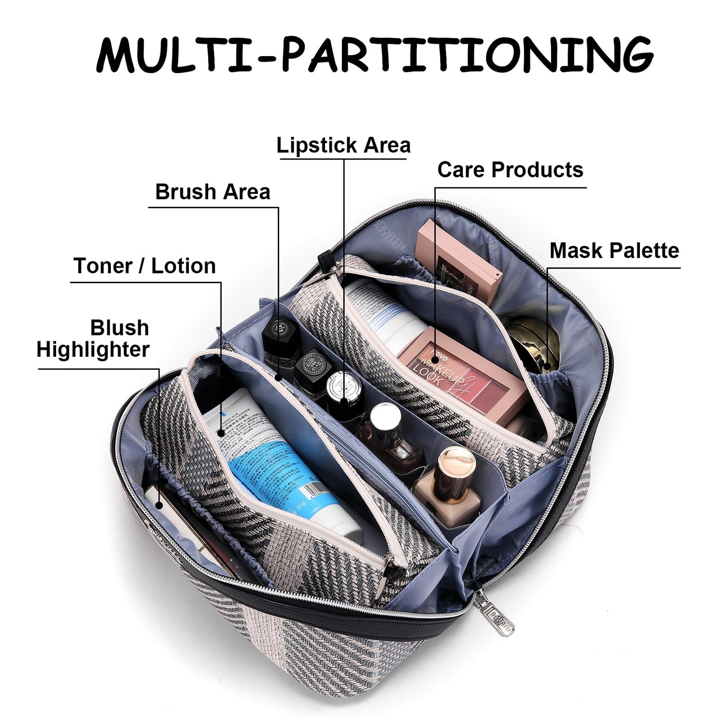 BOYATU Travel Makeup Bag Cosmetic Bag for Women: 3 Pcs Set Make up Bag with Compartments - Waterproof Vegan Leather Toiletry Bags with Handle - Makeup Organizer for Travel Essentials(C-4-Black)