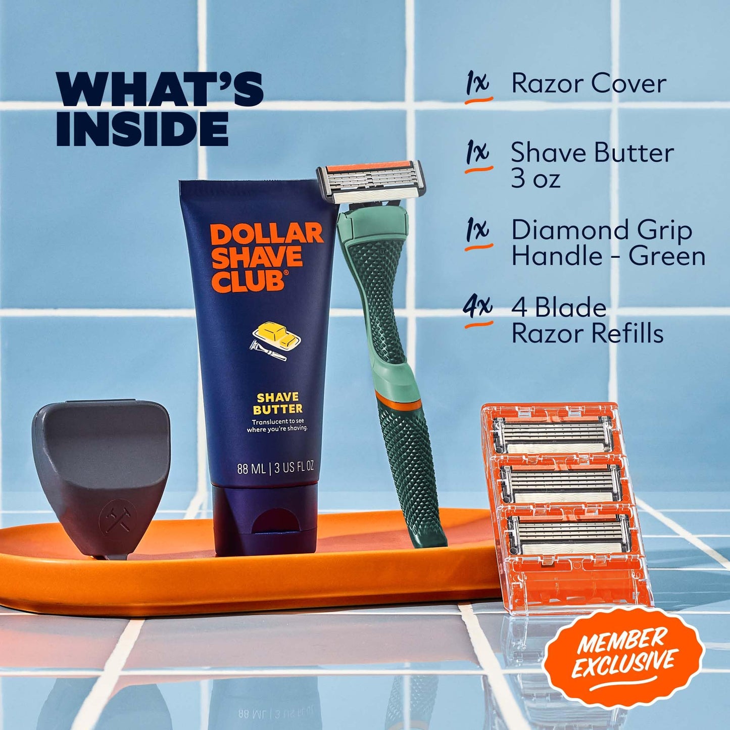 Dollar Shave Club | The Member Exclusive Shave Set | 4 Swift Rinse Refill Cartridges, 1 Handle (Green), 1 Shave Butter 3 ounce, 1 Razor Cover, Razors for Men