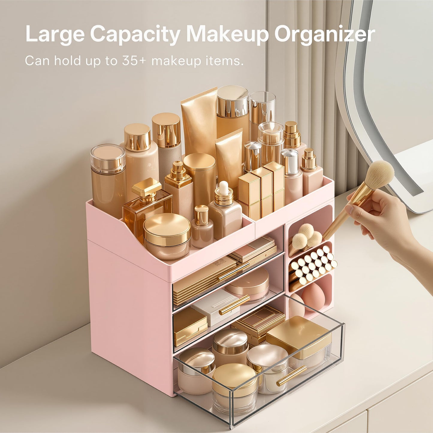 HBlife Makeup Organizer Countertop with Brush Holder,Large Bathroom Counter Organizer with Drawers,Skincare Organizers for Vanity,Plastic Dresser Organizer Storage Gift for Women Girl Mom,Pink