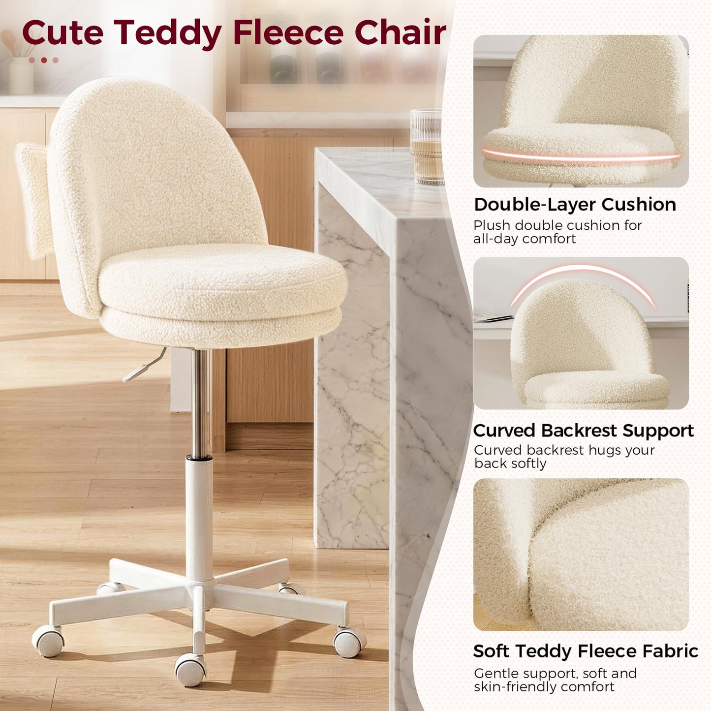 GTPLAYER Velvet Tall Office Chair with Wheels Vanity Chairs with Back, Versatile Height Use: Office to Bar Stools Small Ergonomic Comfy Armlees Computer Desk Chair with Bow Lumbar Pillow for Gift