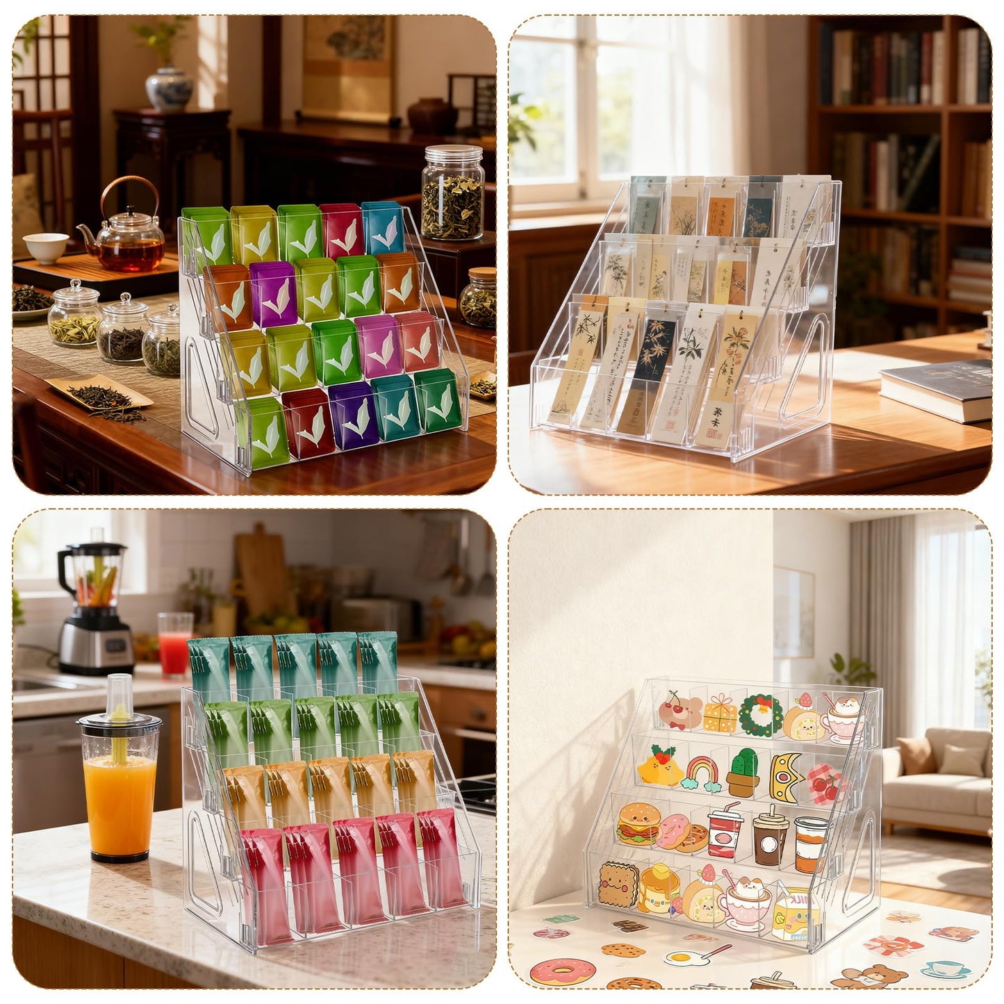 HFYZZ Tea Bag Organizer Display Stand, 4 Tier Clear Acrylic Tea Packet Storage Holder for Kitchen Countertop Cabinet Pantry Office Tea Bag, Coffee, Sugar Packets, Creamers Organization
