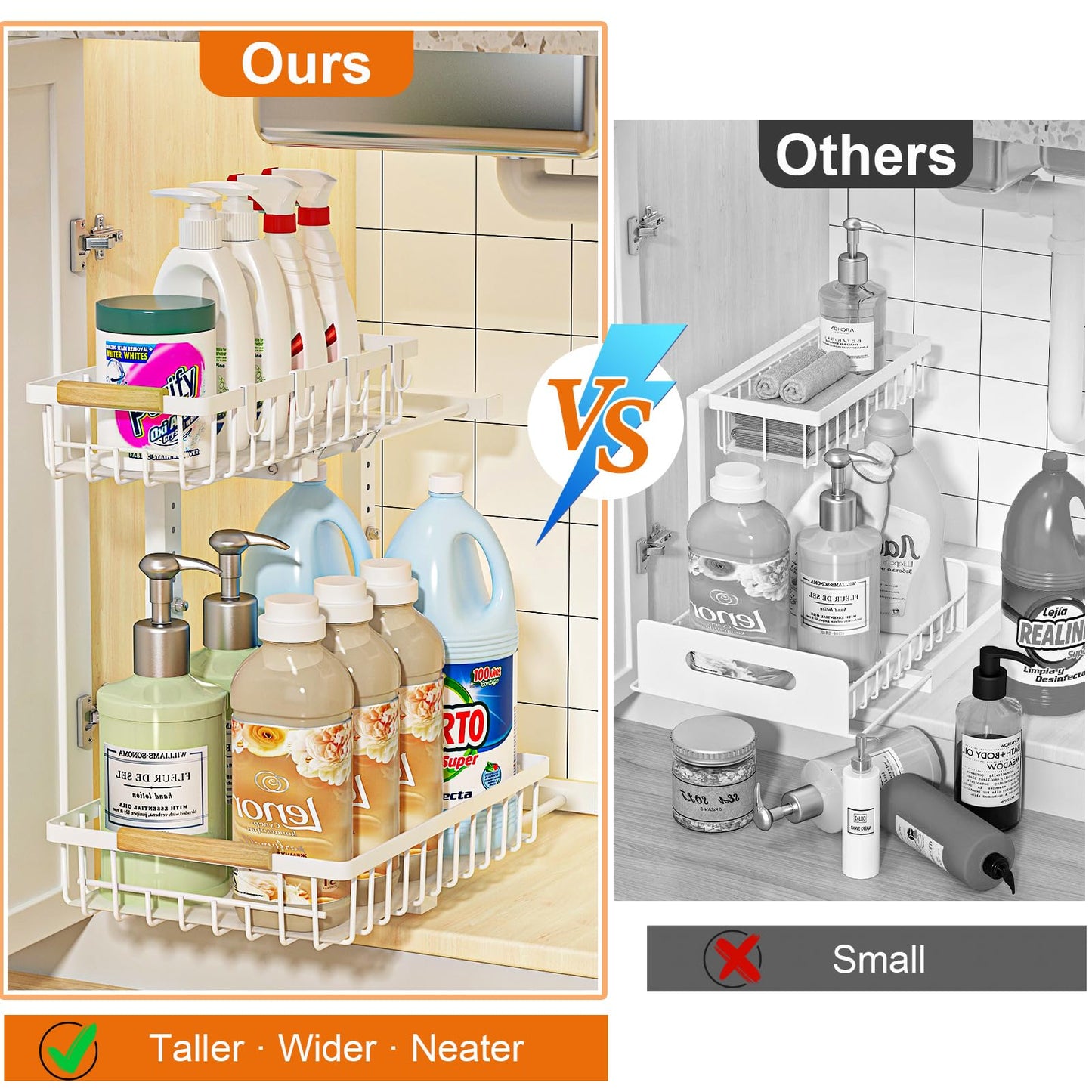 REALINN Under Sink Organizer, 2 Pack Height Adjustable Under Sink Organizers and Storage, 2 Tier Pull Out Drawer Cabinet Storage for Kitchen Bathroom, White