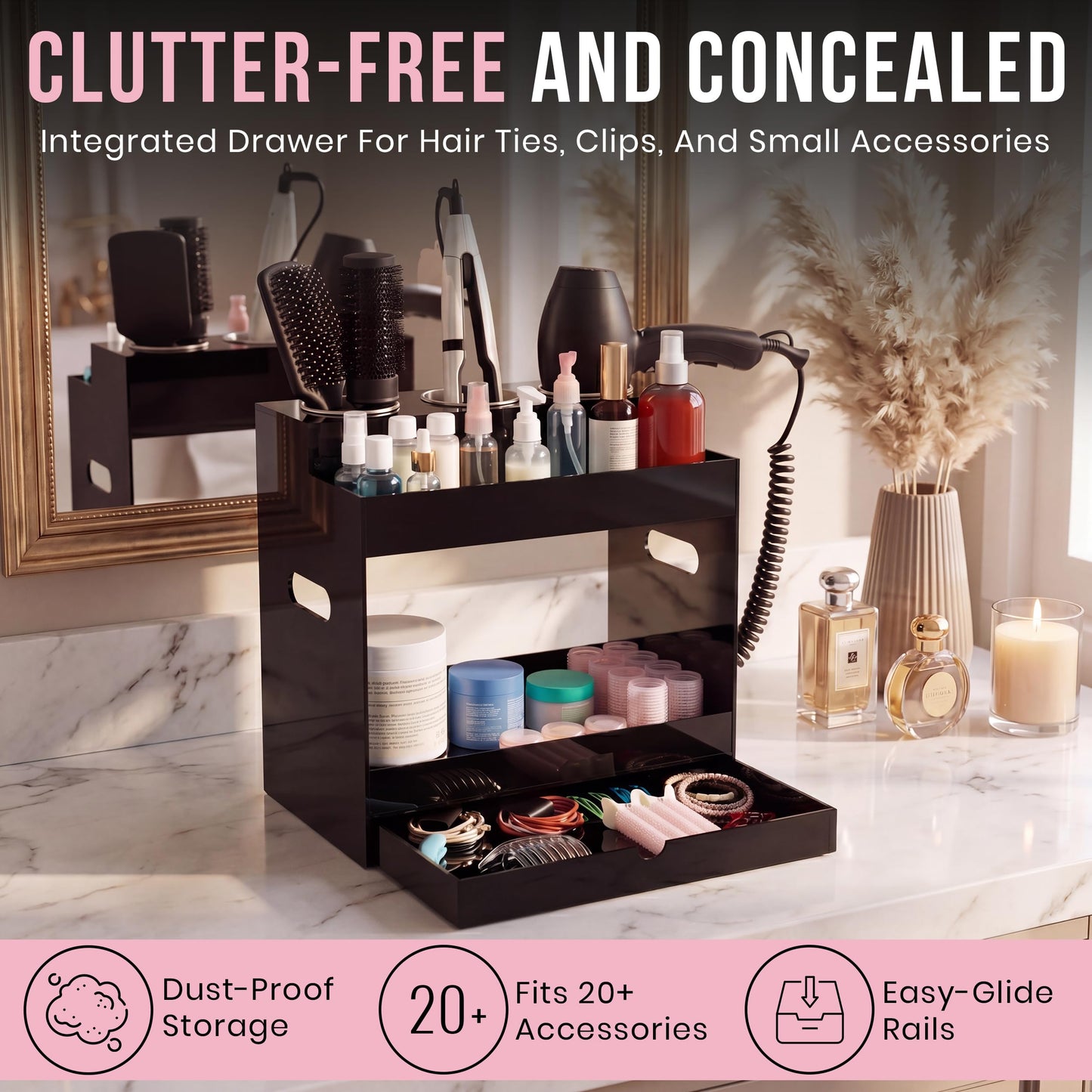 Hair Tool Organizer Countertop Extra Wide Bay | Bathroom & Hot Tools Organizer For Hair | Hairdryer Holder For Bathroom Vanity | Hot Tools Storage for Curling Iron Straightener, 3 Stainless Cups Black