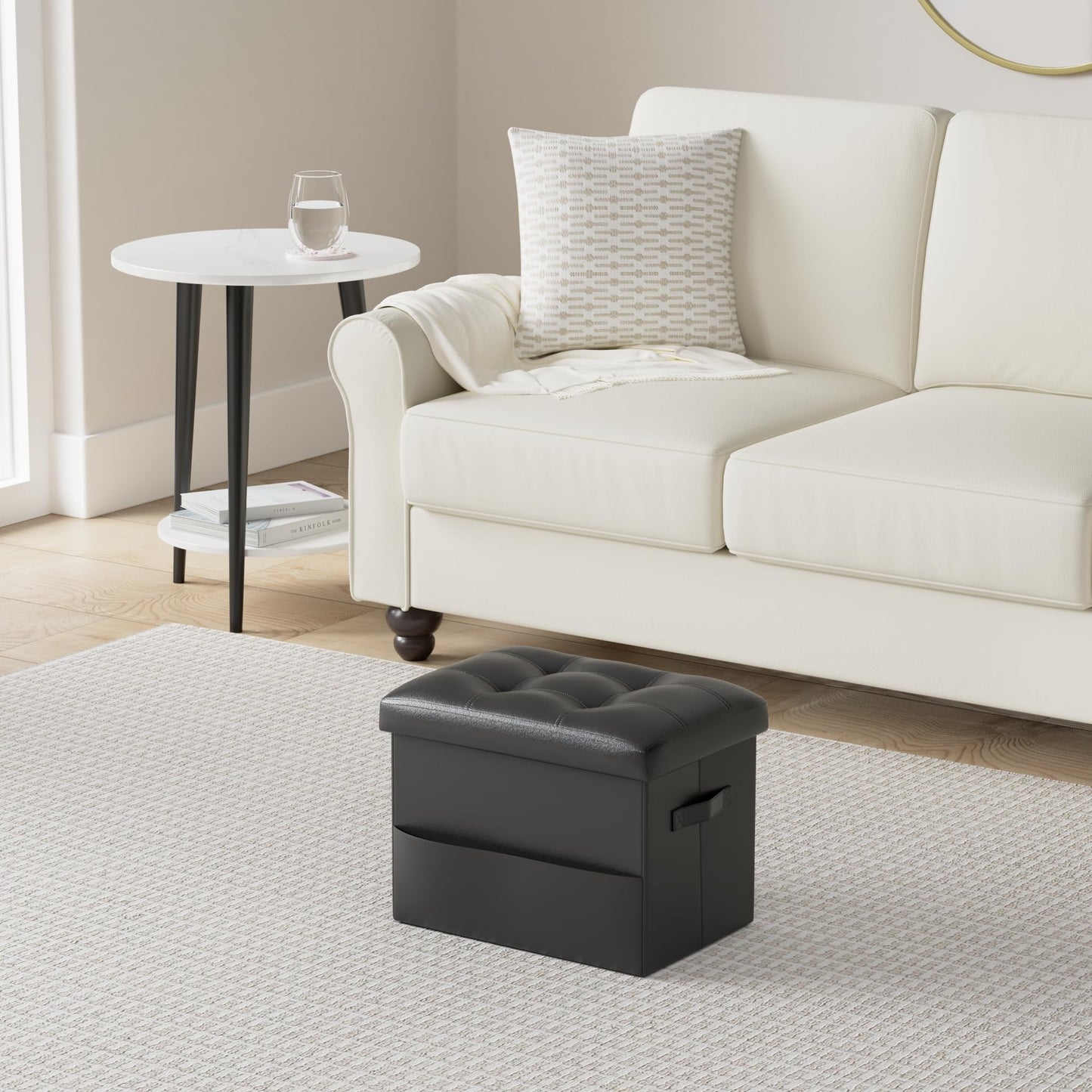 Storage Ottoman Foot Rest Stool with Thicker Foam Padded Seat. Foldable Leather Footstool Bench. Small Ottoman with Storage for Living Room Bedroom Coffee Table 350 lbs, 17x13x13in, Black.