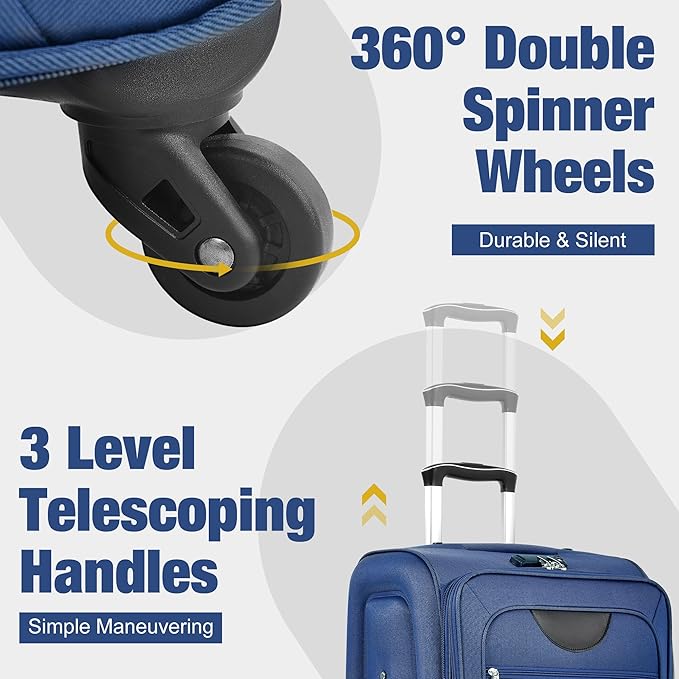 Merax Softside Luggage Set 3 Piece Suitcase with Duffel Bag Spinner Wheels Lightweight Expandable Travel Luggage 22" 26" 30",Navy Blue