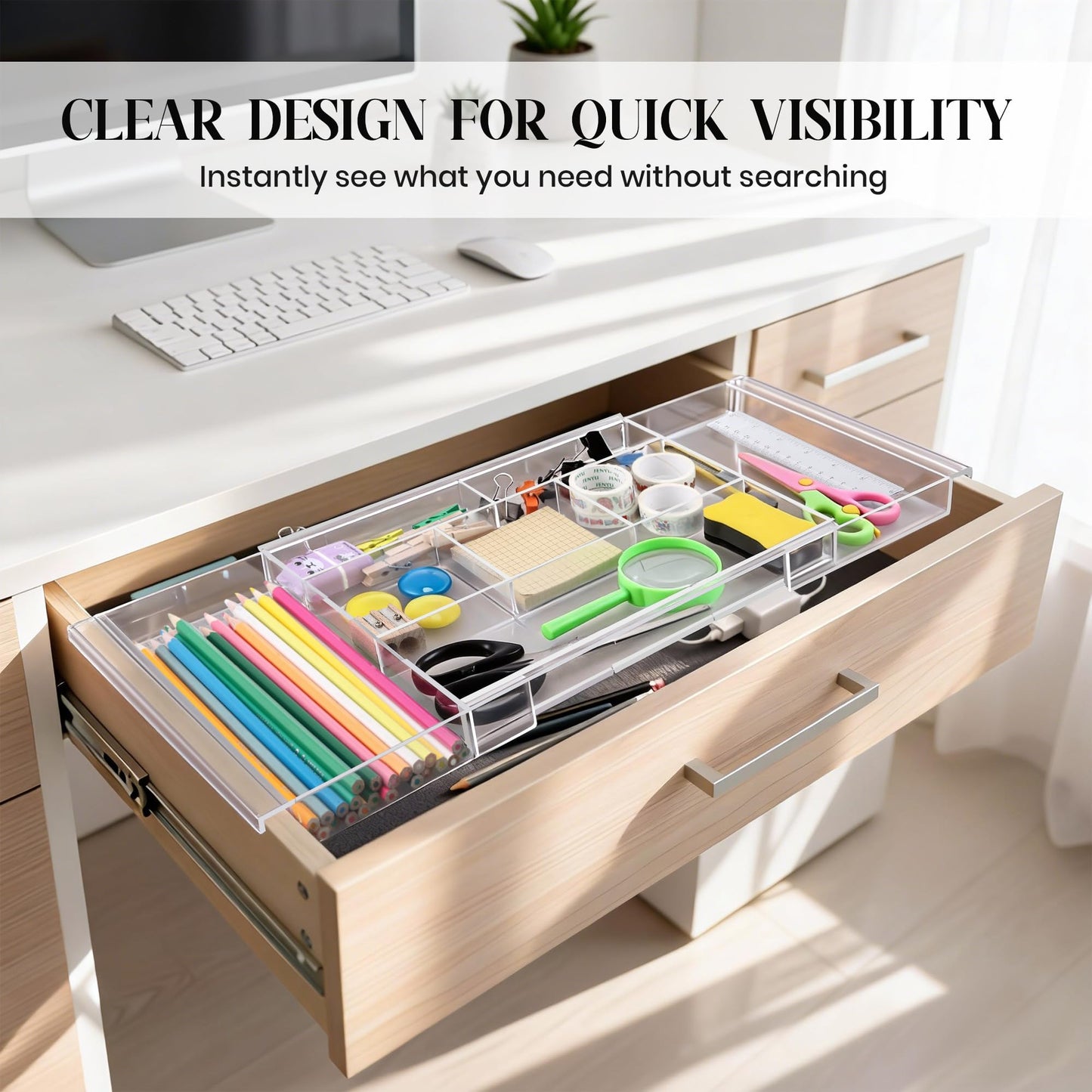 Dunkive 4pack Shallow Expandable Drawer Organizer, Adjustable 12.5”–20” Clear Plastic Drawer Organizer Tray for Vanity Bathroom Desk Kitchen Drawers, Multi Compartment Storage