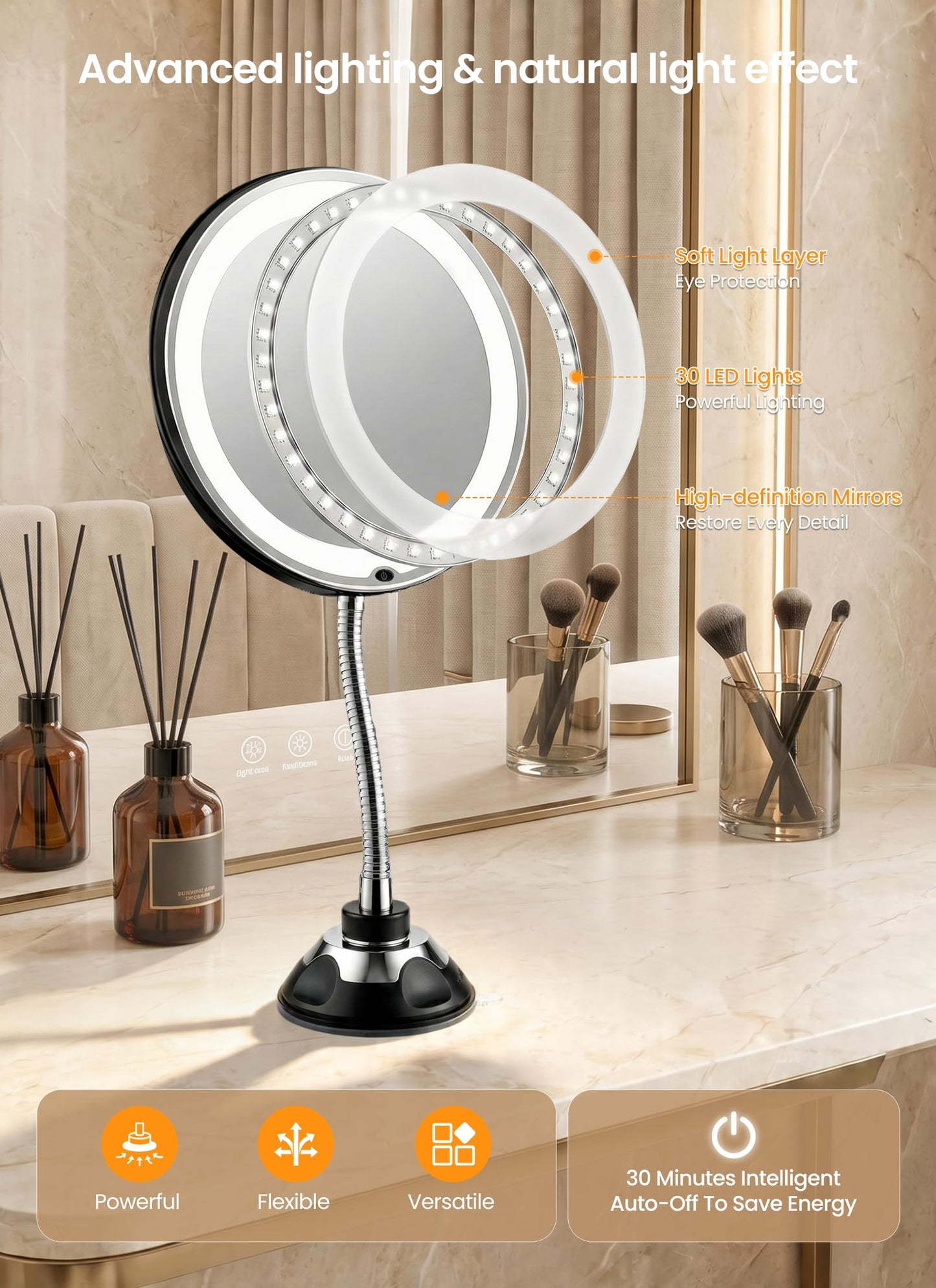 Brightown 10x Makeup Mirror with Lights and Magnification,Flexible Gooseneck Magnifying Mirror with 3 Lighting and Adjustable Brightness,Battery Operated with Suction Cup for Bathroom Bedroom, Black