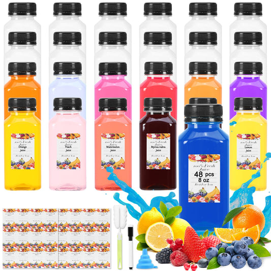Prerrysurpasse 48pcs 8oz Empty Plastic Juice Bottles- Clear Homemade Juicing Drinks Containers with Black Tamper Proof Lids for Juicing, Smoothie,Drinking,Reusable Beverages Bottles