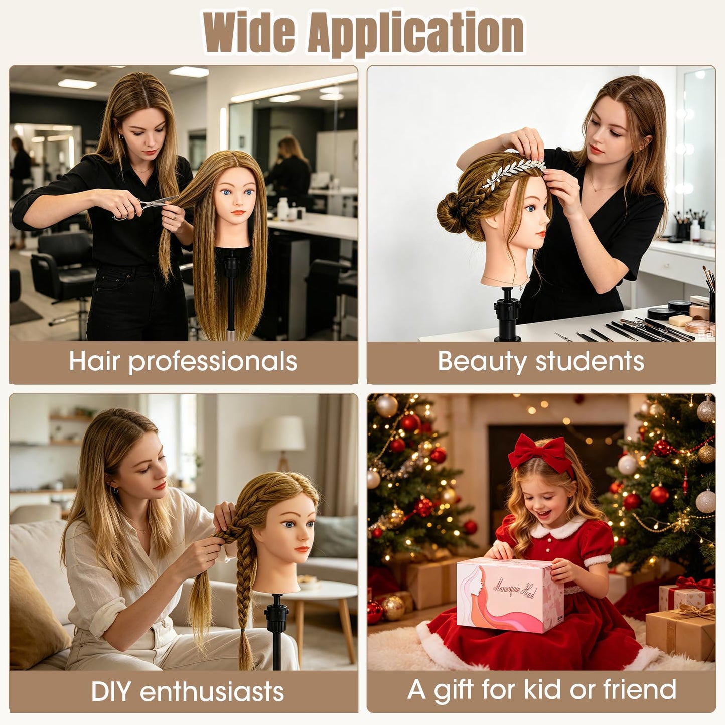 Mannequin Head with 100% Human Hair,22''Real Hair Cosmetology Mannequin Manikin Head Hair Styling Hairdressing Practice Training Doll Head Hairs with Clamp Holder and Tools(Light Brown Blue Eyes)