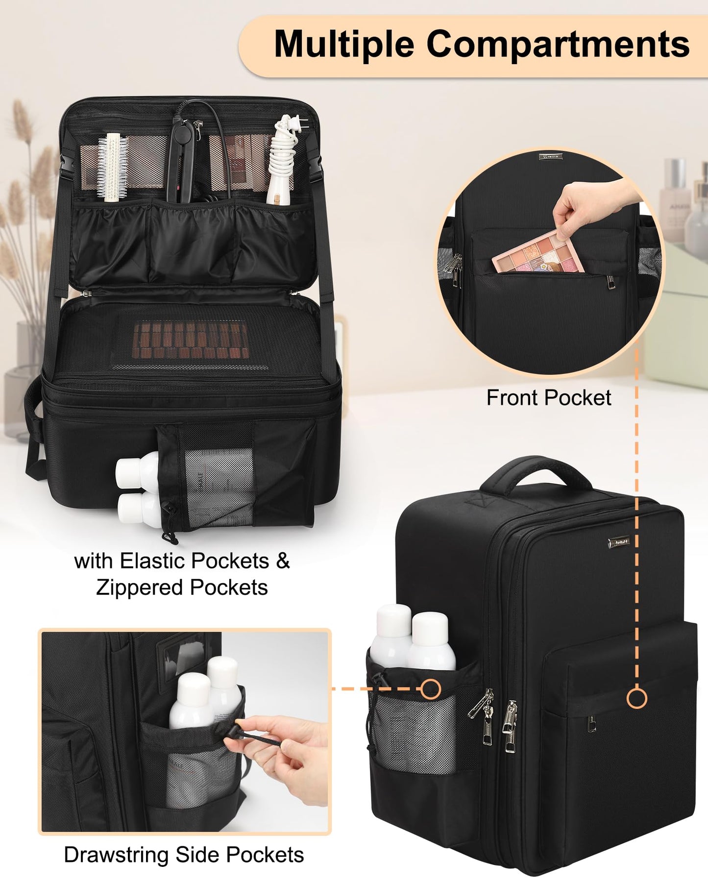 Relavel Makeup Backpack, Extra Large Makeup Bag with 5 Removable Pouches, Professional Makeup Artist Kit Travel Train Case Cosmetic Organizer Box for Nail Polish, Hair Tools, Barber Supplies, Black