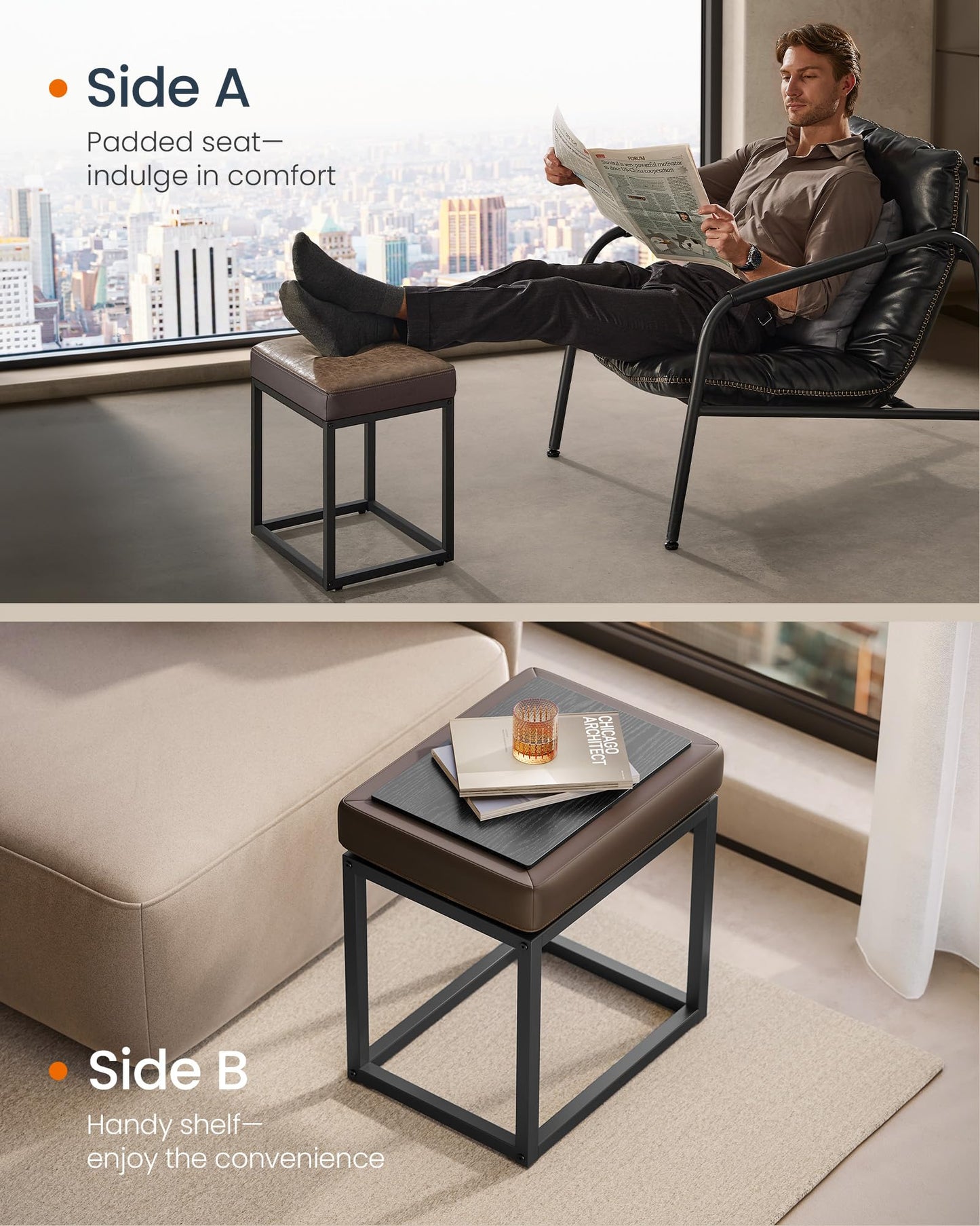 SONGMICS Home LUIZ Collection - Ottoman Footstool, Rectangle Ottoman, Vanity Chair Stool, Footrest, Reversible Top, Side Table, Max. Load 660 lb, Bedroom Living Room Entryway, Walnut Brown ULOM079K01